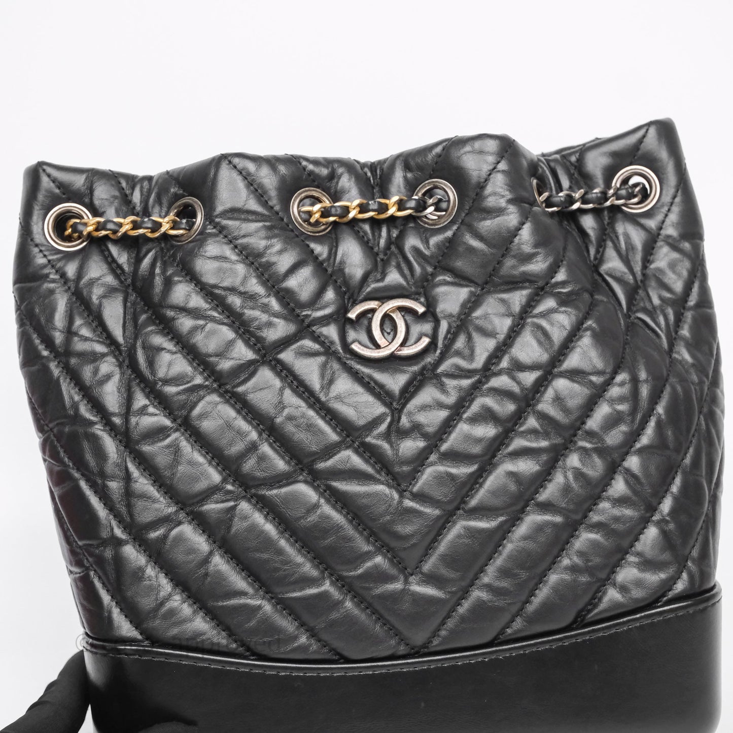 Chanel Small Chevron Gabrielle Backpack Black Aged Calfskin