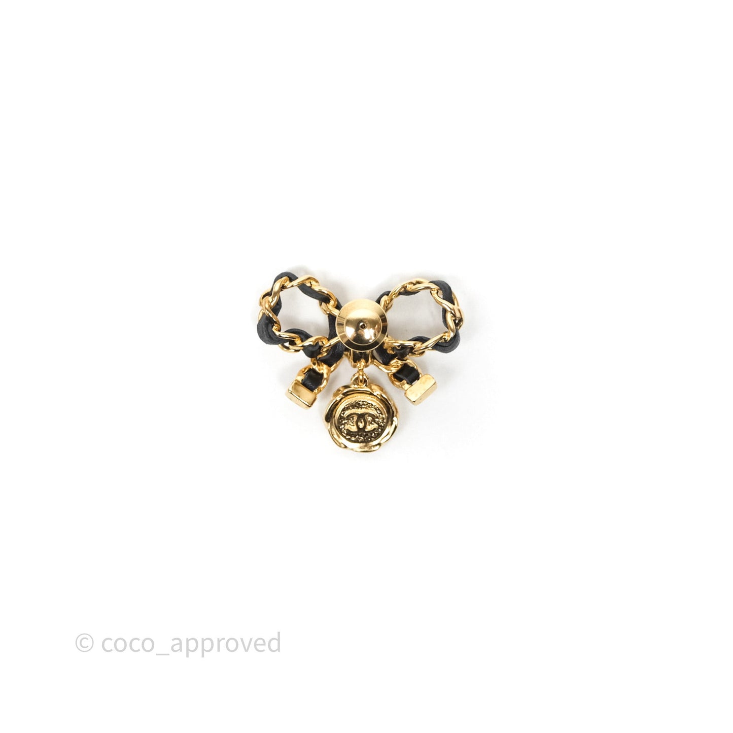 Chanel Lambskin Chain Bow Brooch Black Gold Tone 22A