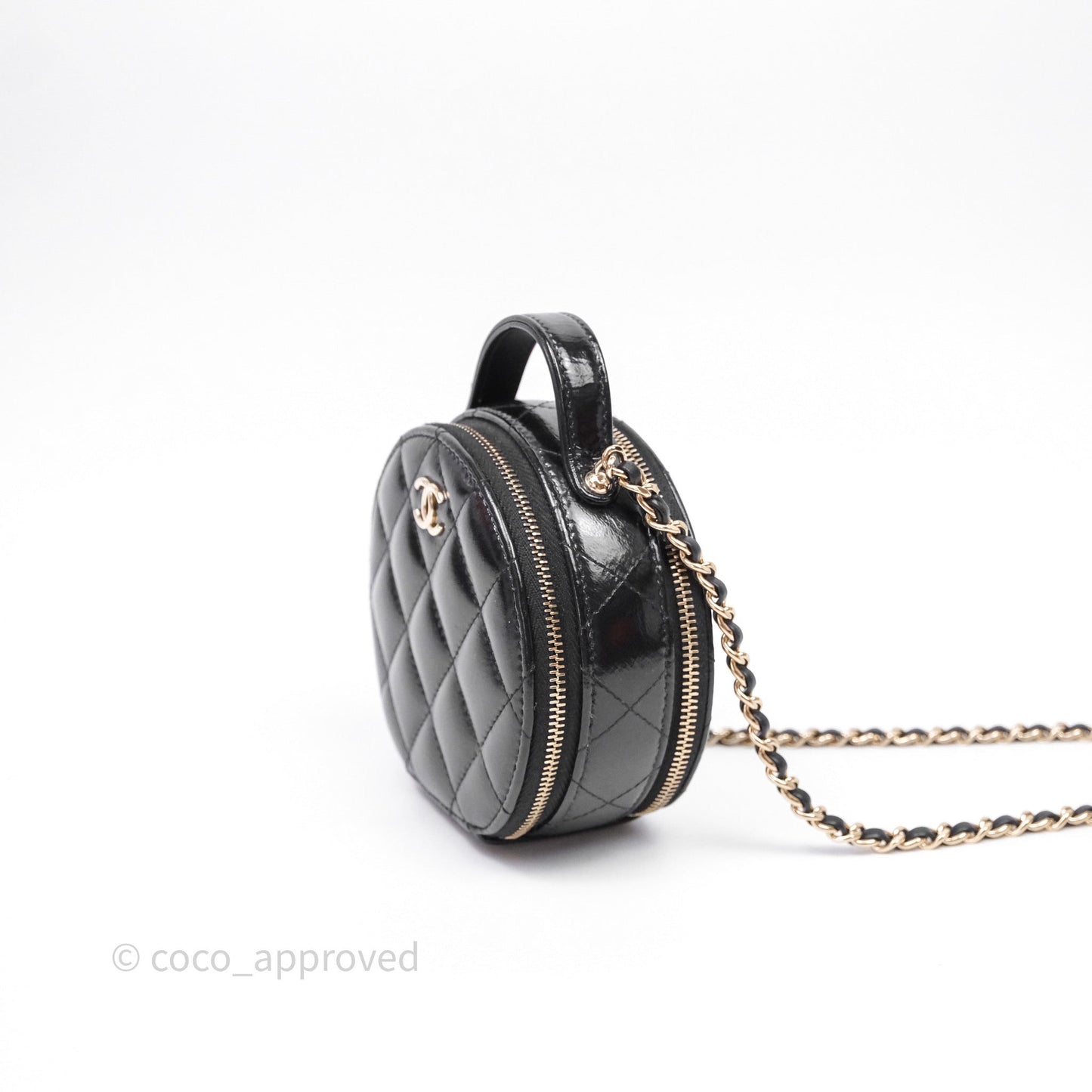 Chanel Mini Round Vanity Bag Handle With Care Black Glazed Lambskin Gold Hardware