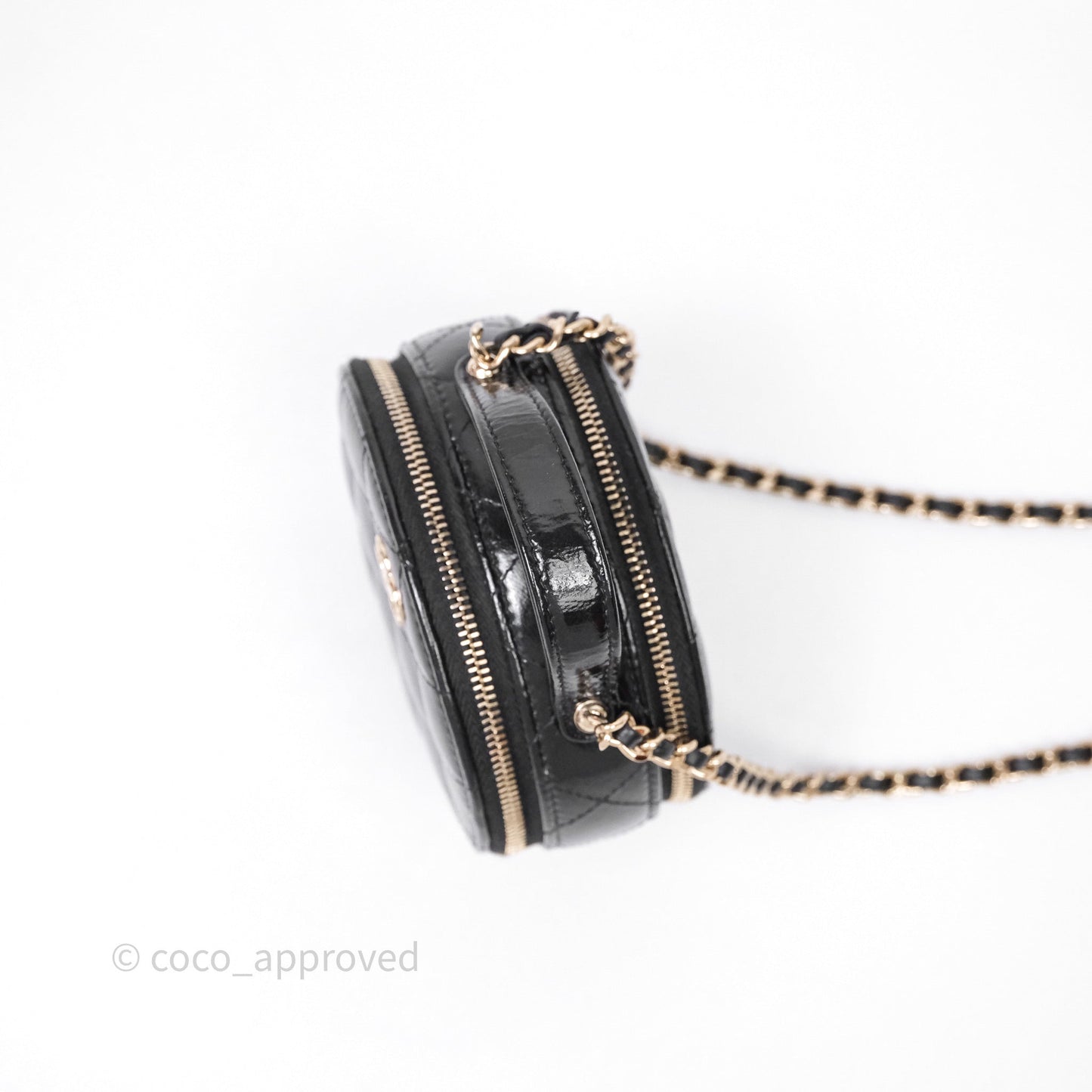 Chanel Mini Round Vanity Bag Handle With Care Black Glazed Lambskin Gold Hardware