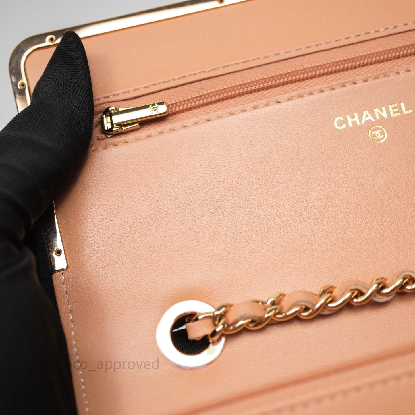 Chanel Quilted Frame Wallet On Chain WOC Beige Lambskin Rose Gold Hardware