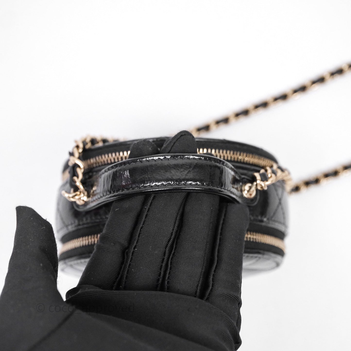 Chanel Mini Round Vanity Bag Handle With Care Black Glazed Lambskin Gold Hardware