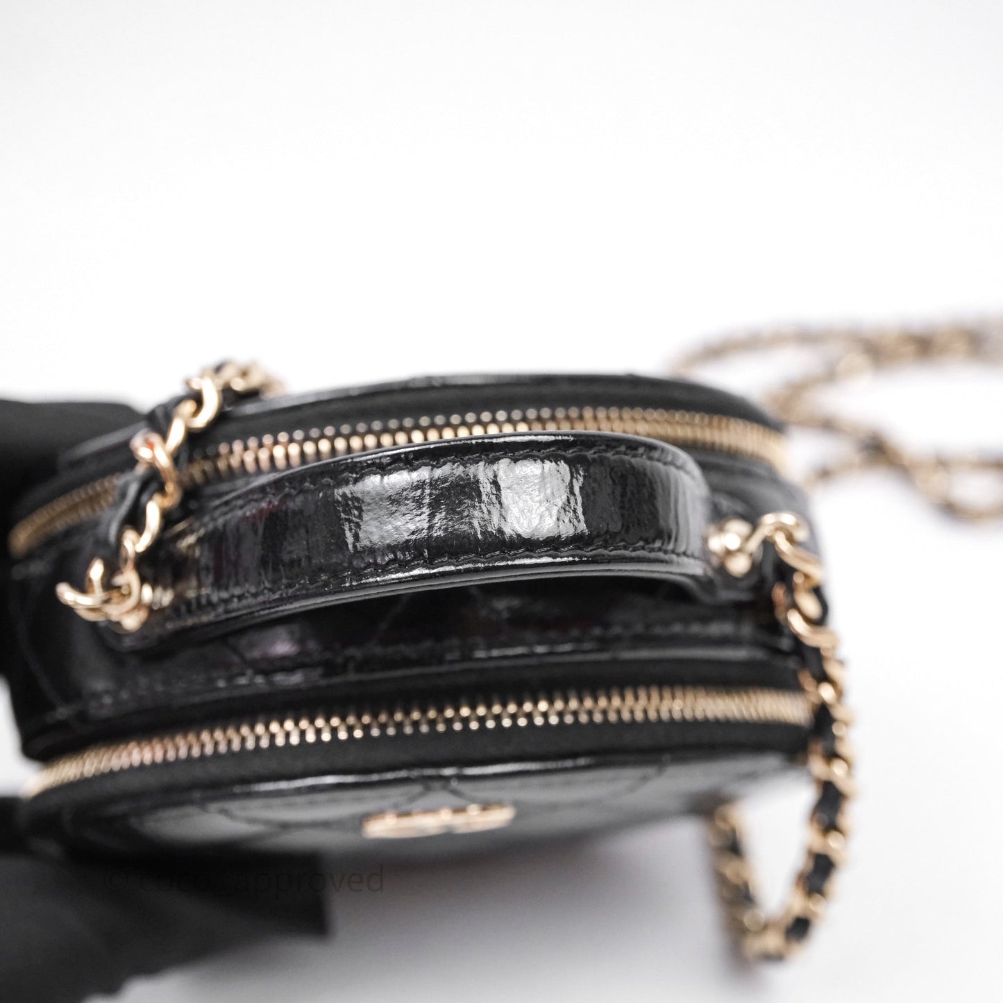 Chanel Mini Round Vanity Bag Handle With Care Black Glazed Lambskin Gold Hardware