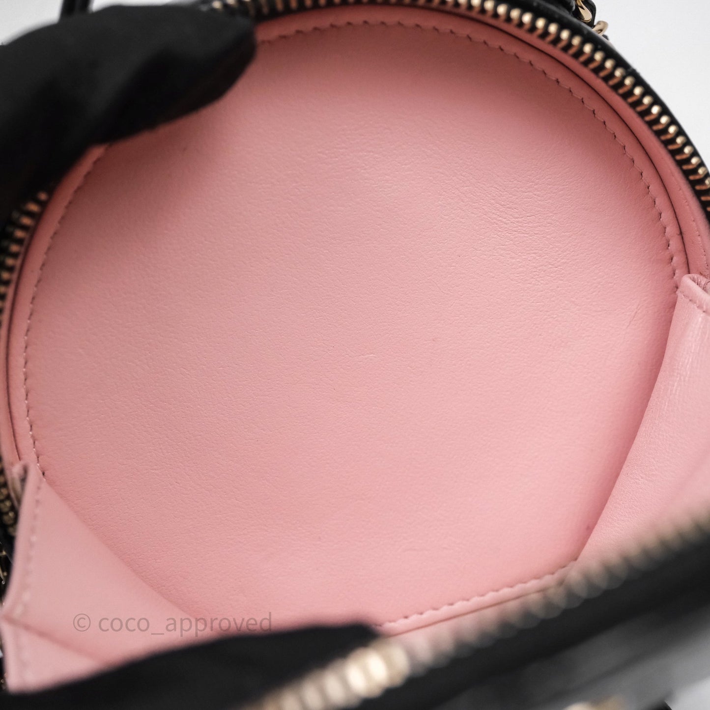 Chanel Mini Round Vanity Bag Handle With Care Black Glazed Lambskin Gold Hardware