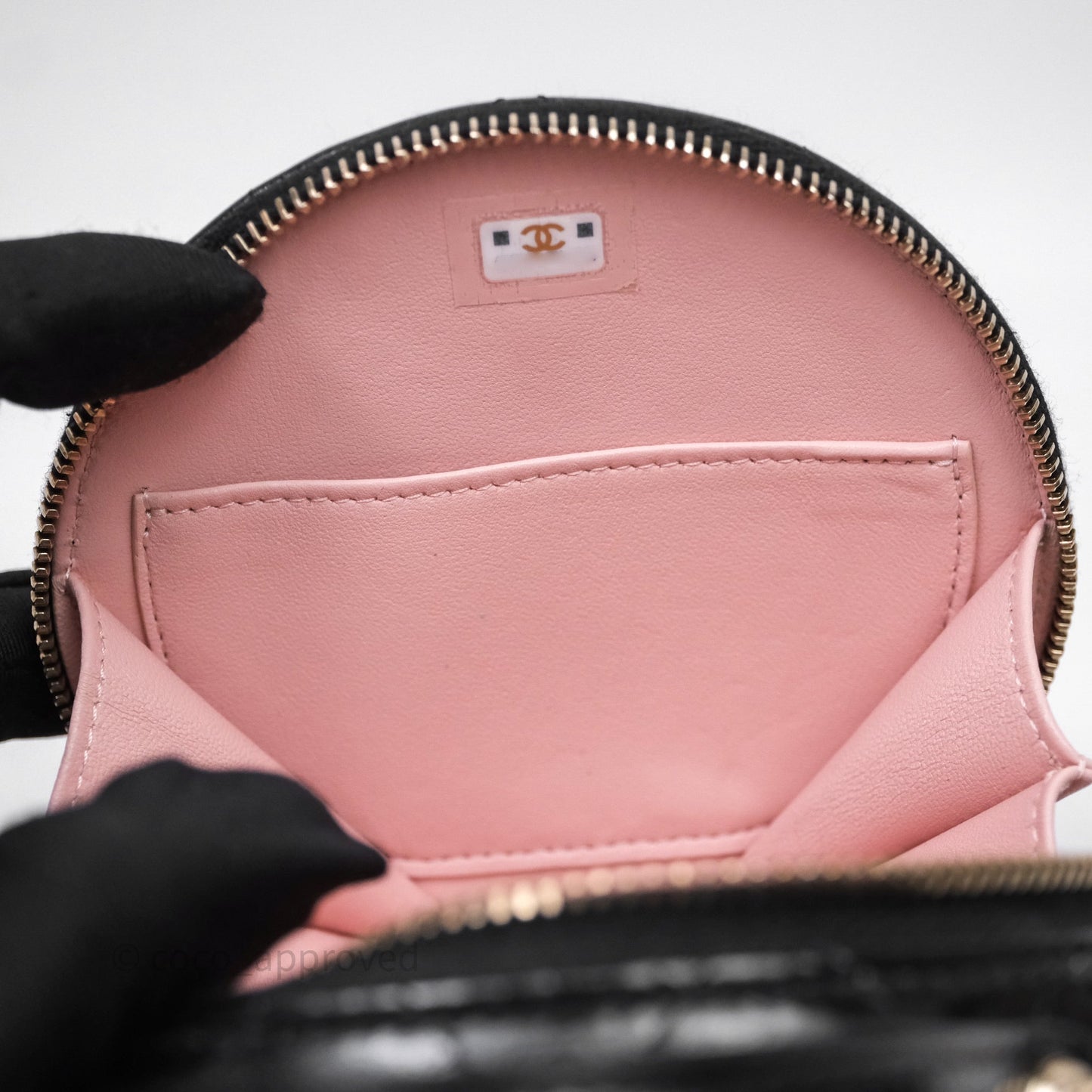 Chanel Mini Round Vanity Bag Handle With Care Black Glazed Lambskin Gold Hardware