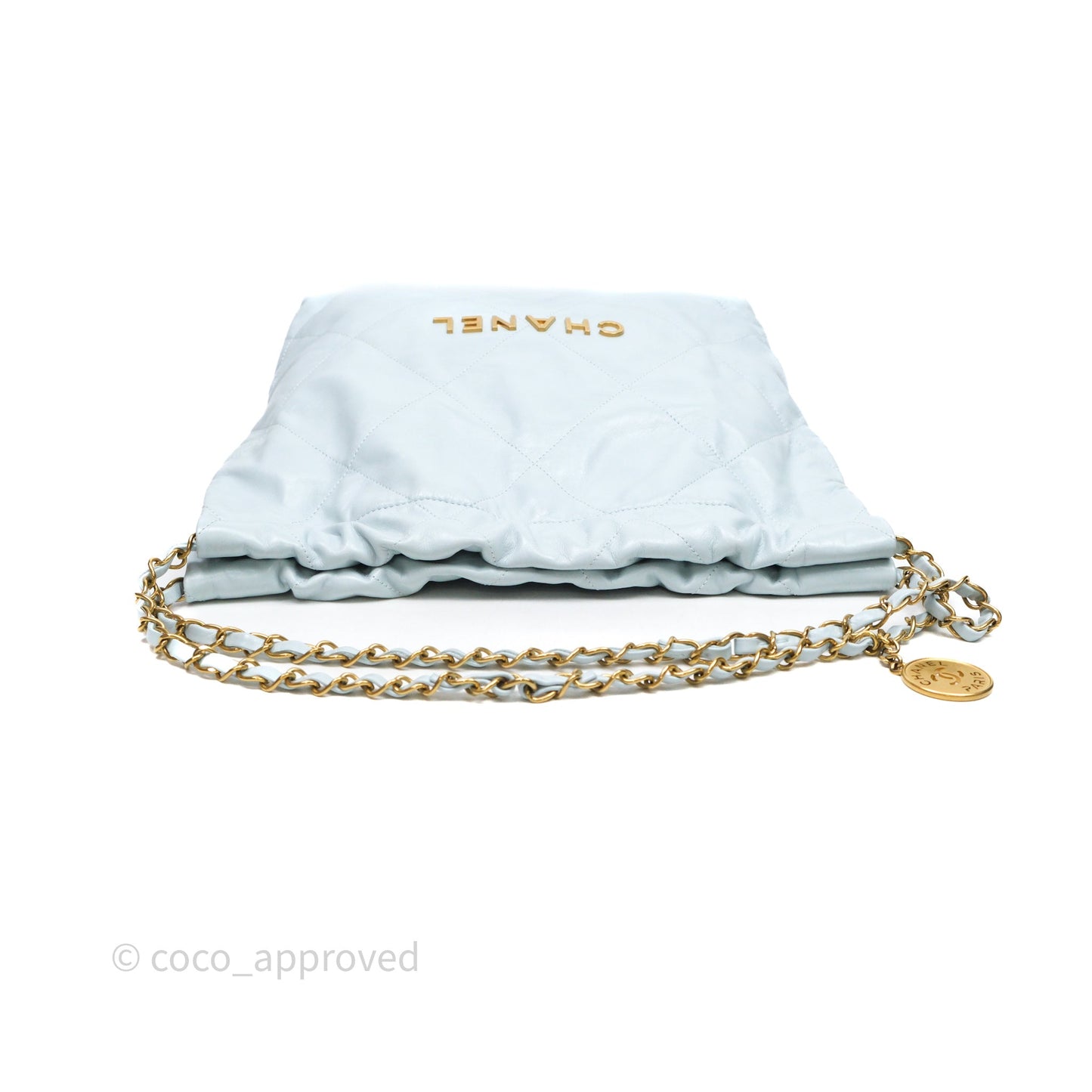 Chanel 22 Small Light Blue Shiny Calfskin Aged Gold Hardware