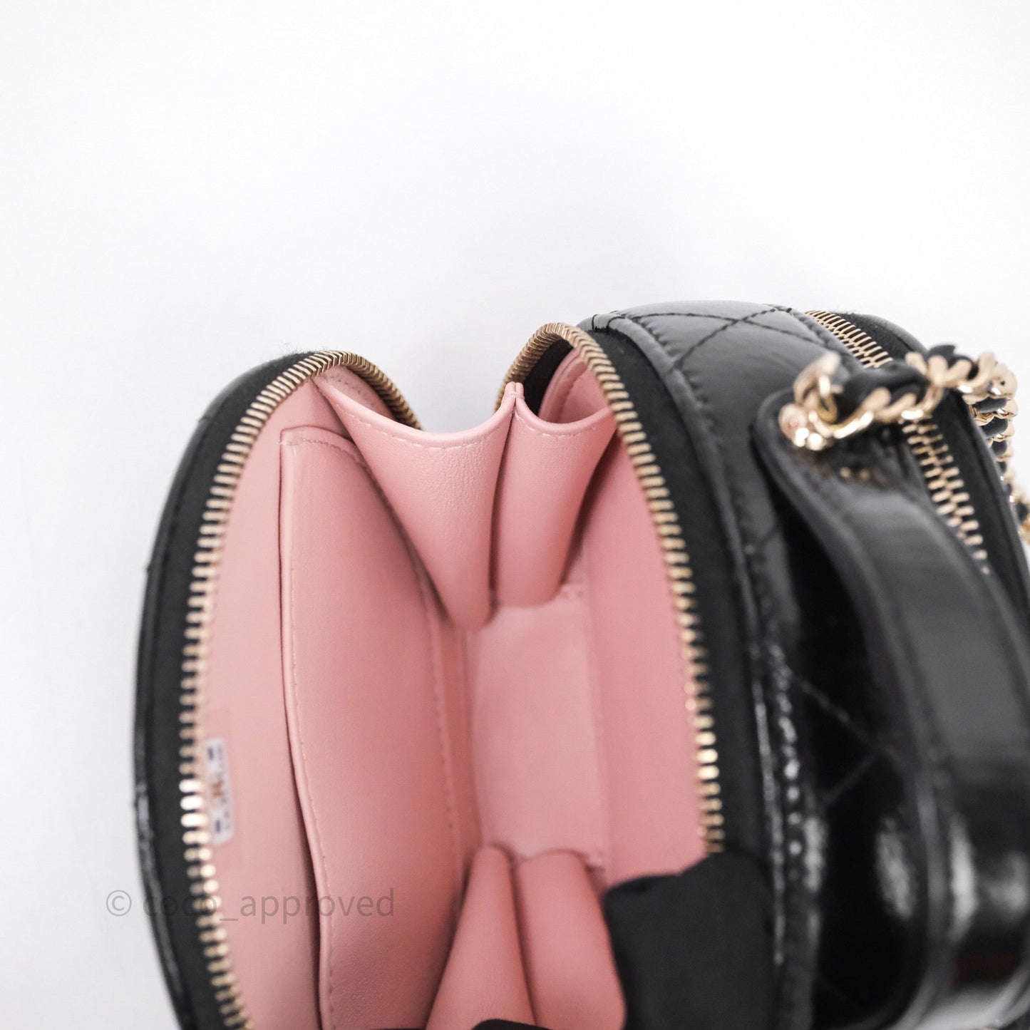 Chanel Mini Round Vanity Bag Handle With Care Black Glazed Lambskin Gold Hardware