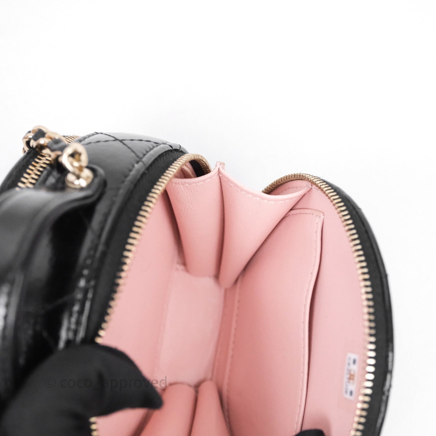 Chanel Mini Round Vanity Bag Handle With Care Black Glazed Lambskin Gold Hardware