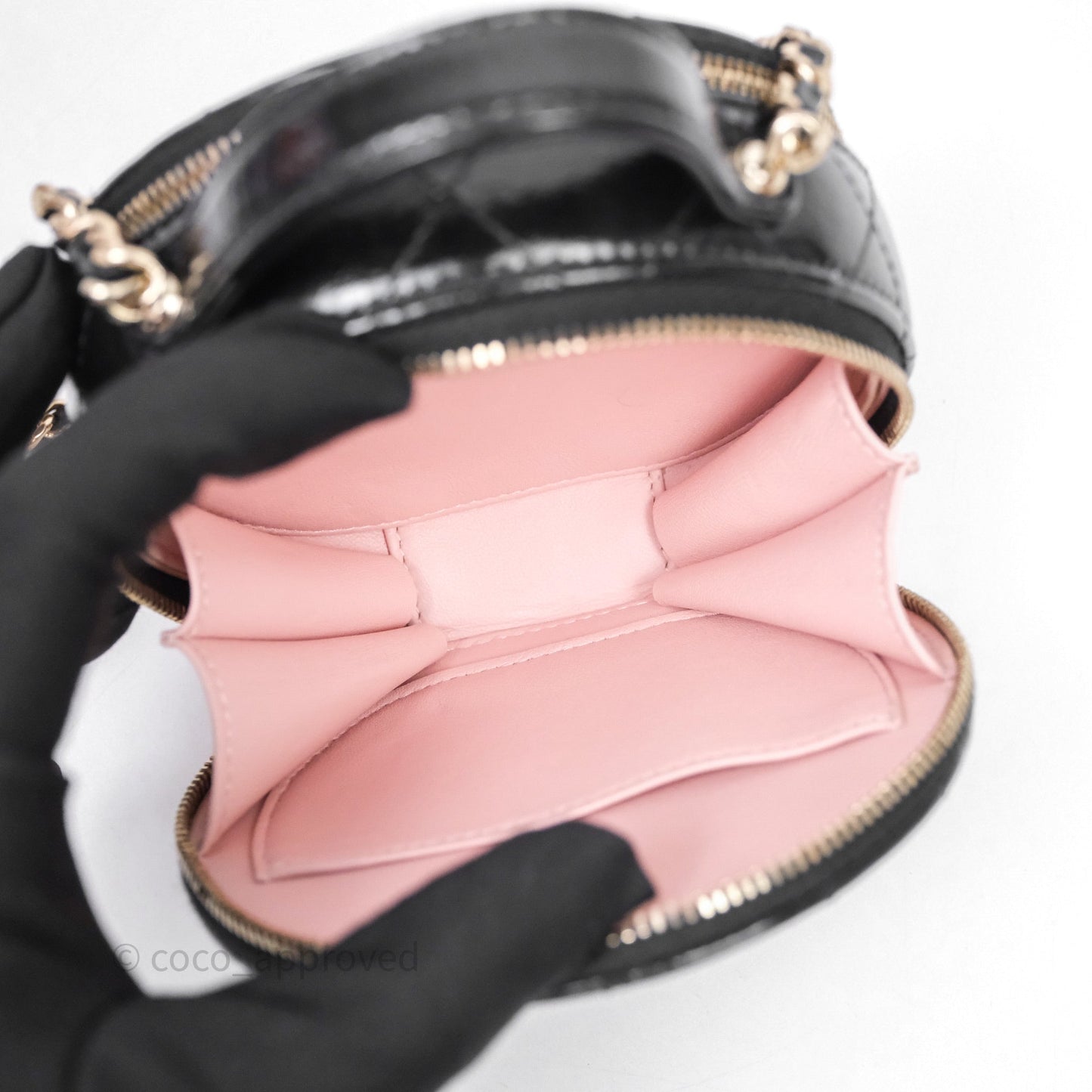 Chanel Mini Round Vanity Bag Handle With Care Black Glazed Lambskin Gold Hardware