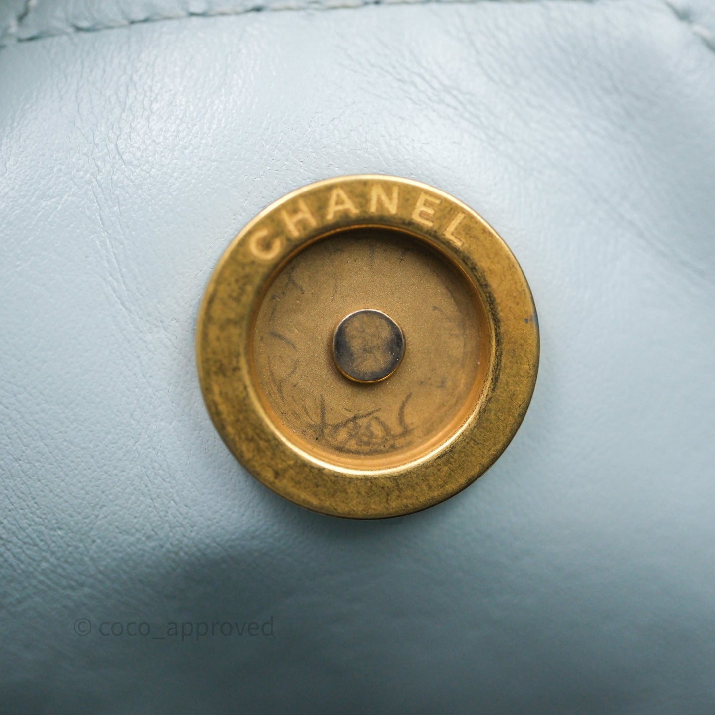 Chanel 22 Small Light Blue Shiny Calfskin Aged Gold Hardware