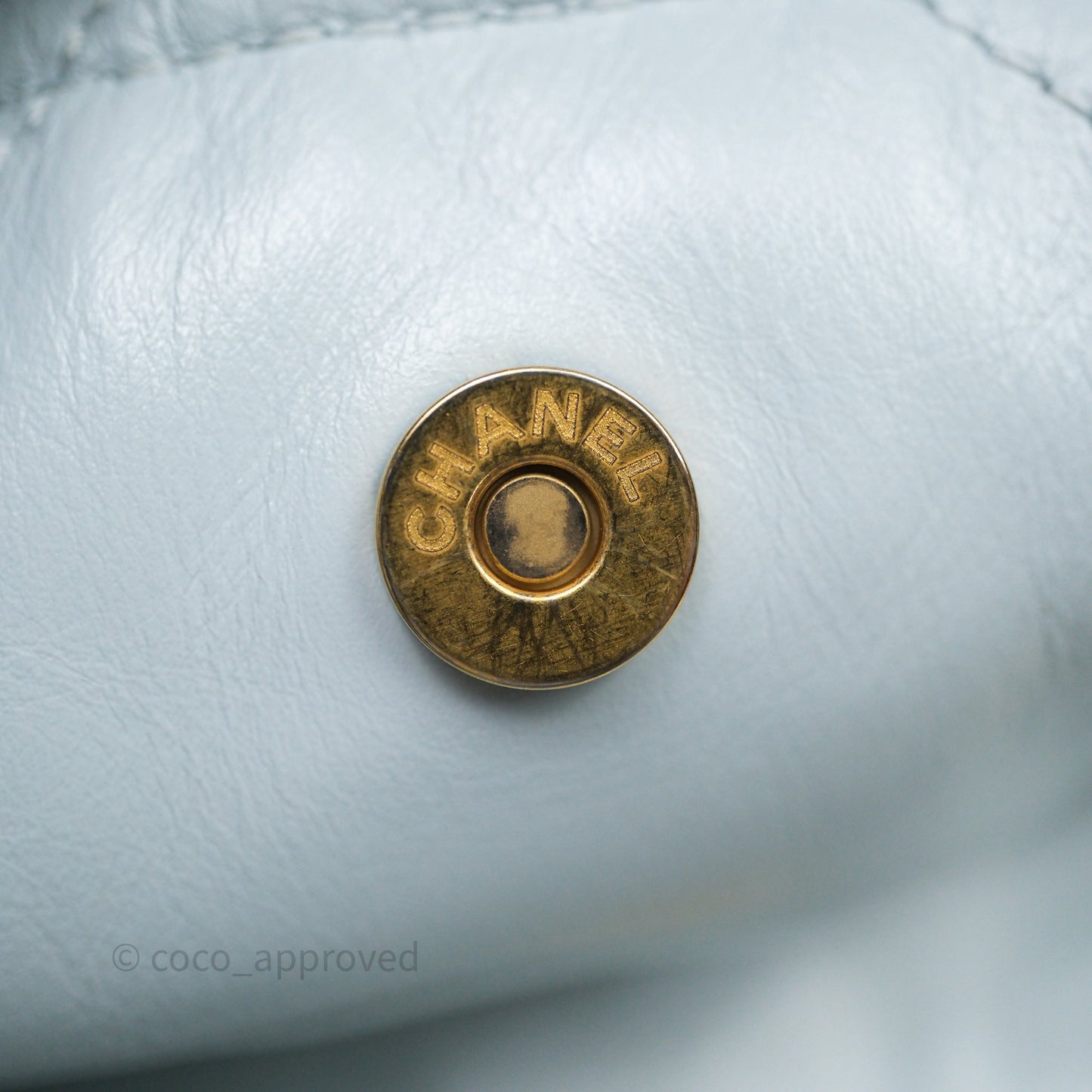 Chanel 22 Small Light Blue Shiny Calfskin Aged Gold Hardware