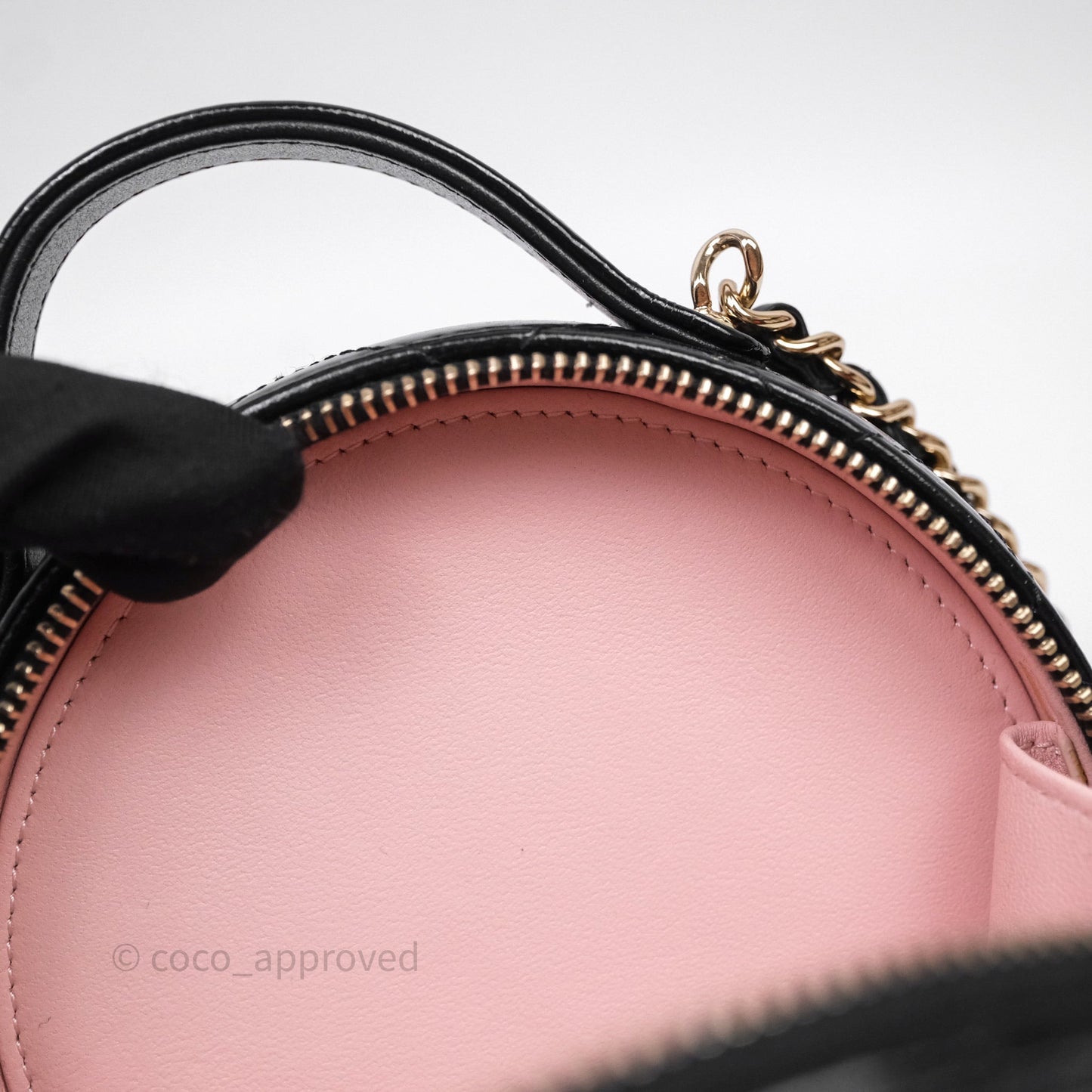 Chanel Mini Round Vanity Bag Handle With Care Black Glazed Lambskin Gold Hardware