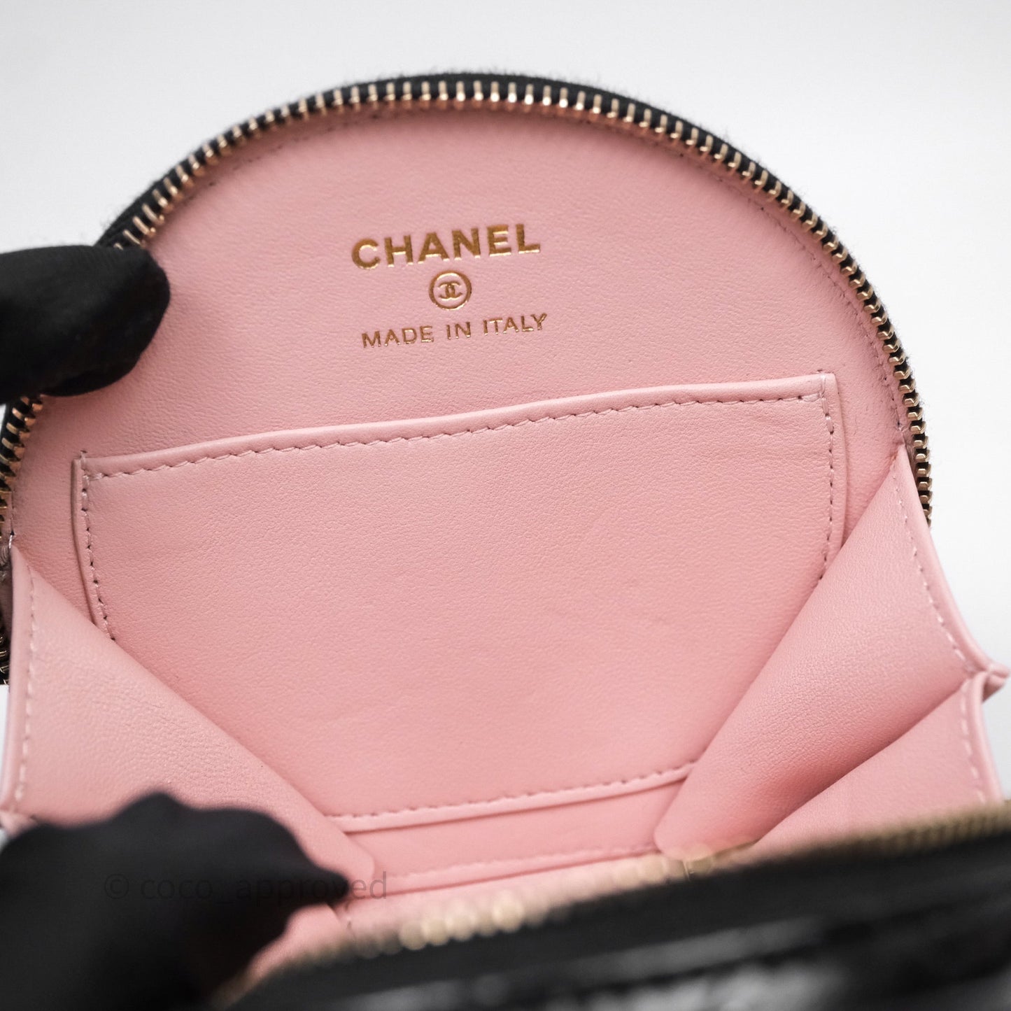 Chanel Mini Round Vanity Bag Handle With Care Black Glazed Lambskin Gold Hardware