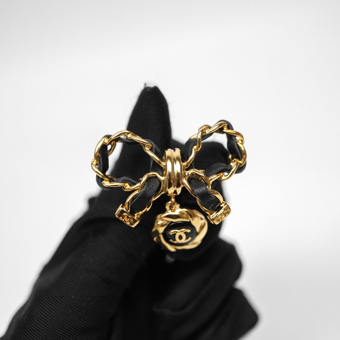 Chanel Lambskin Chain Bow Brooch Black Gold Tone 22A