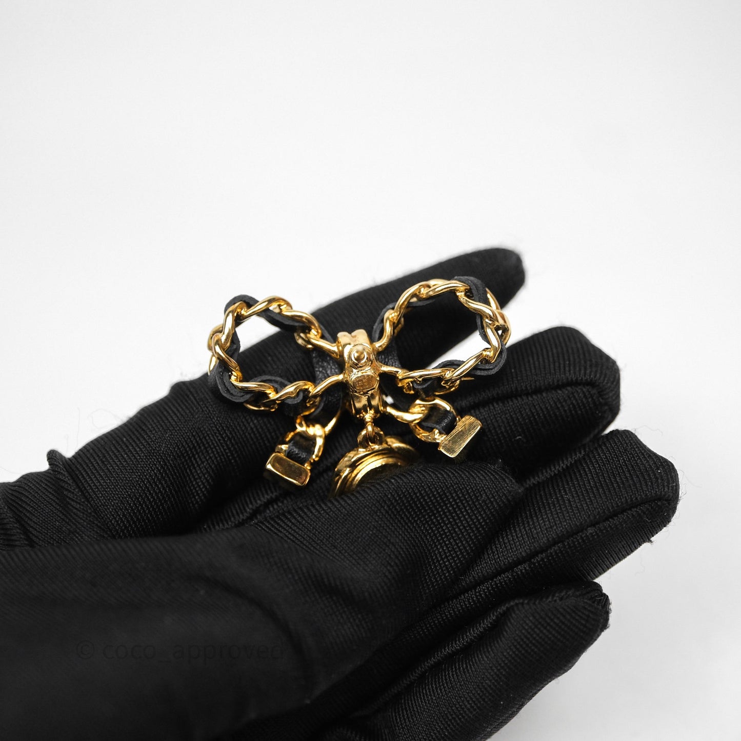 Chanel Lambskin Chain Bow Brooch Black Gold Tone 22A