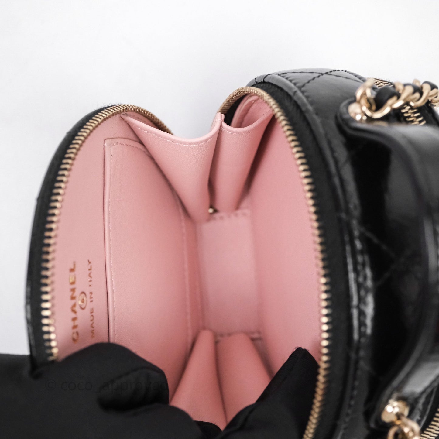 Chanel Mini Round Vanity Bag Handle With Care Black Glazed Lambskin Gold Hardware