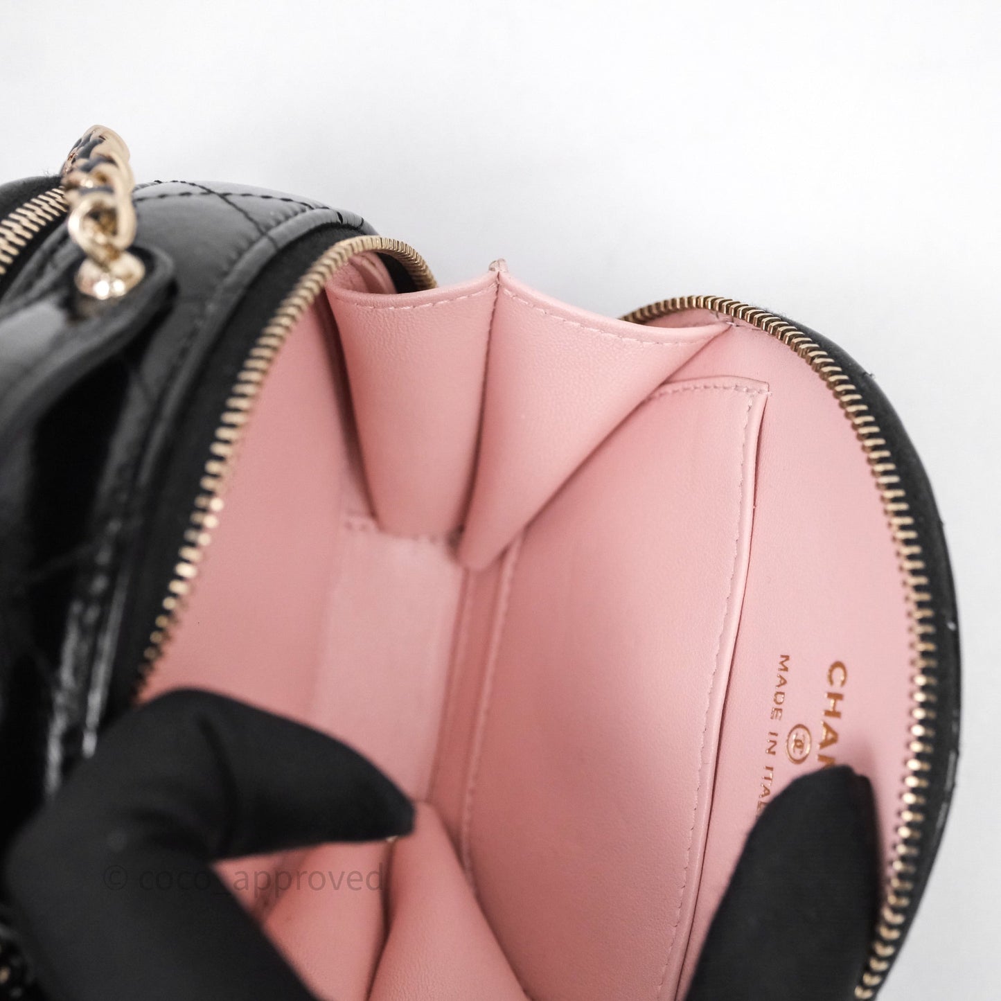 Chanel Mini Round Vanity Bag Handle With Care Black Glazed Lambskin Gold Hardware