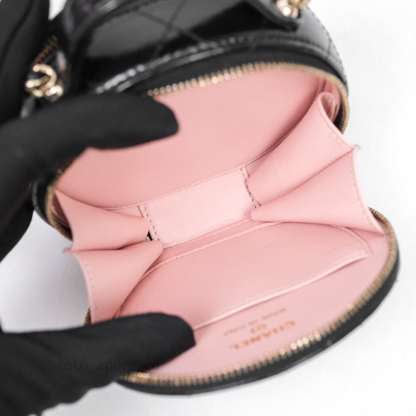 Chanel Mini Round Vanity Bag Handle With Care Black Glazed Lambskin Gold Hardware