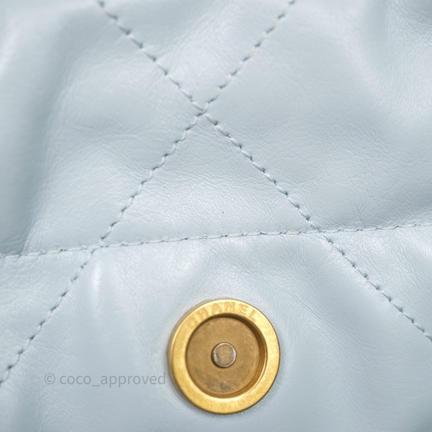 Chanel 22 Small Light Blue Shiny Calfskin Aged Gold Hardware