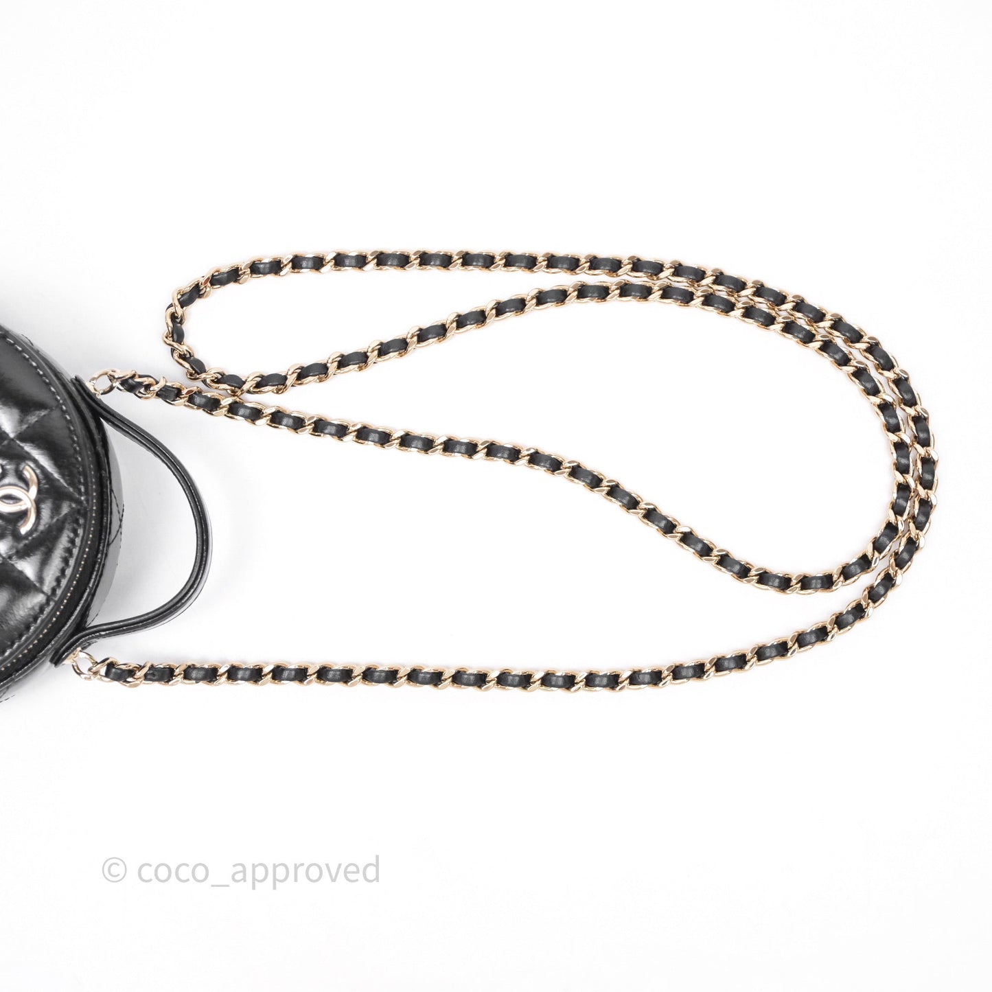 Chanel Mini Round Vanity Bag Handle With Care Black Glazed Lambskin Gold Hardware