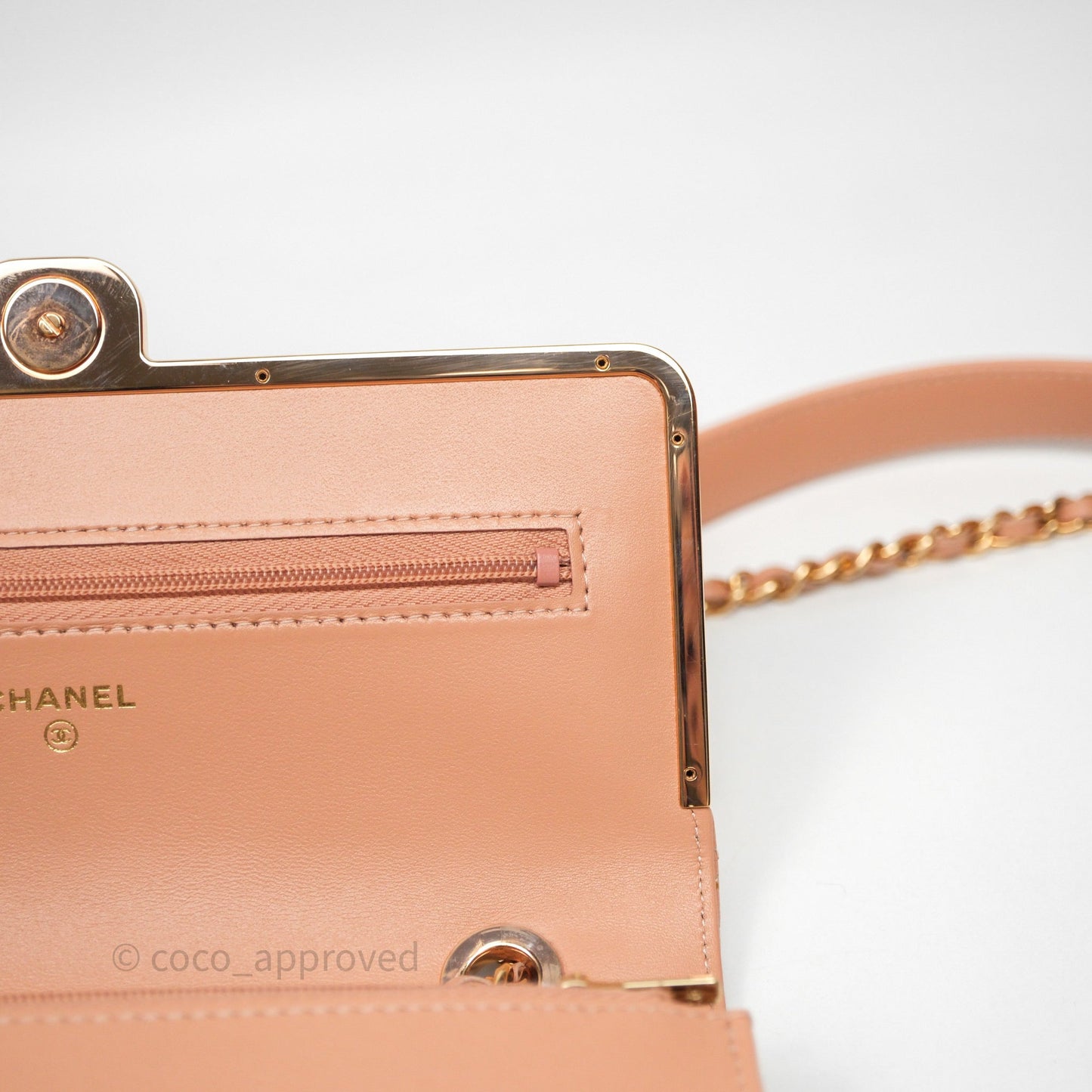 Chanel Quilted Frame Wallet On Chain WOC Beige Lambskin Rose Gold Hardware