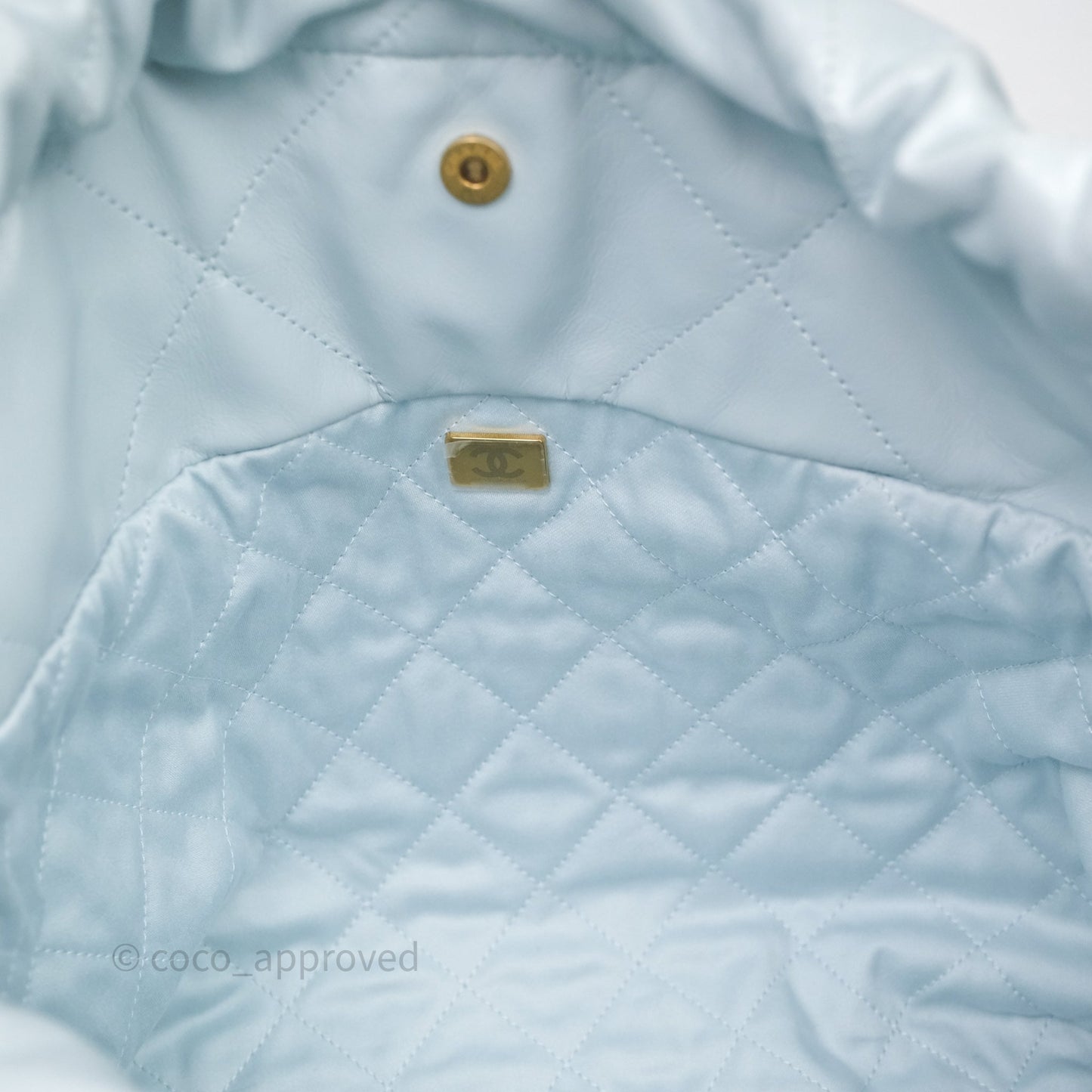 Chanel 22 Small Light Blue Shiny Calfskin Aged Gold Hardware