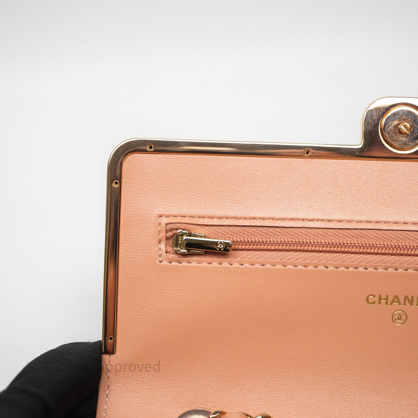 Chanel Quilted Frame Wallet On Chain WOC Beige Lambskin Rose Gold Hardware