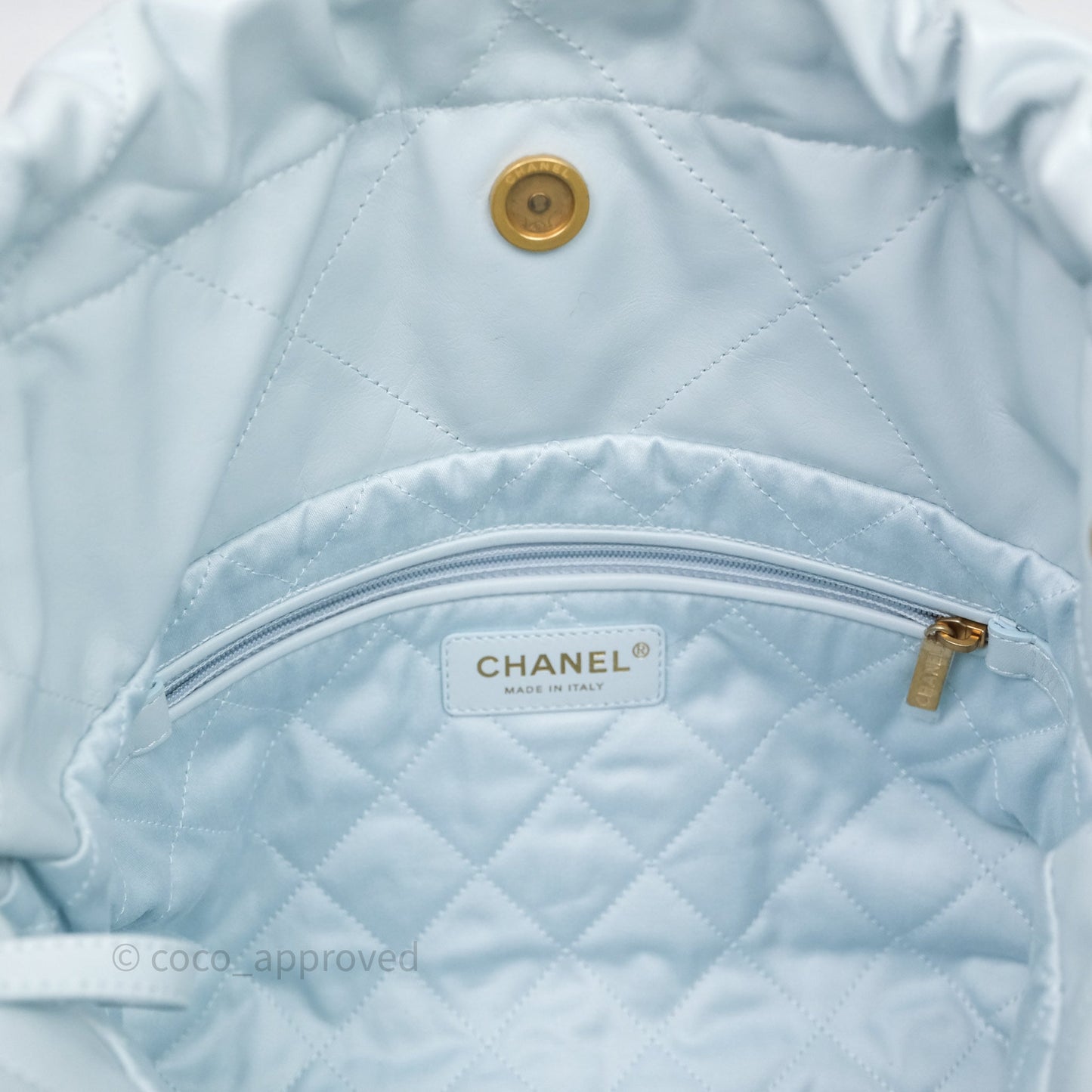 Chanel 22 Small Light Blue Shiny Calfskin Aged Gold Hardware