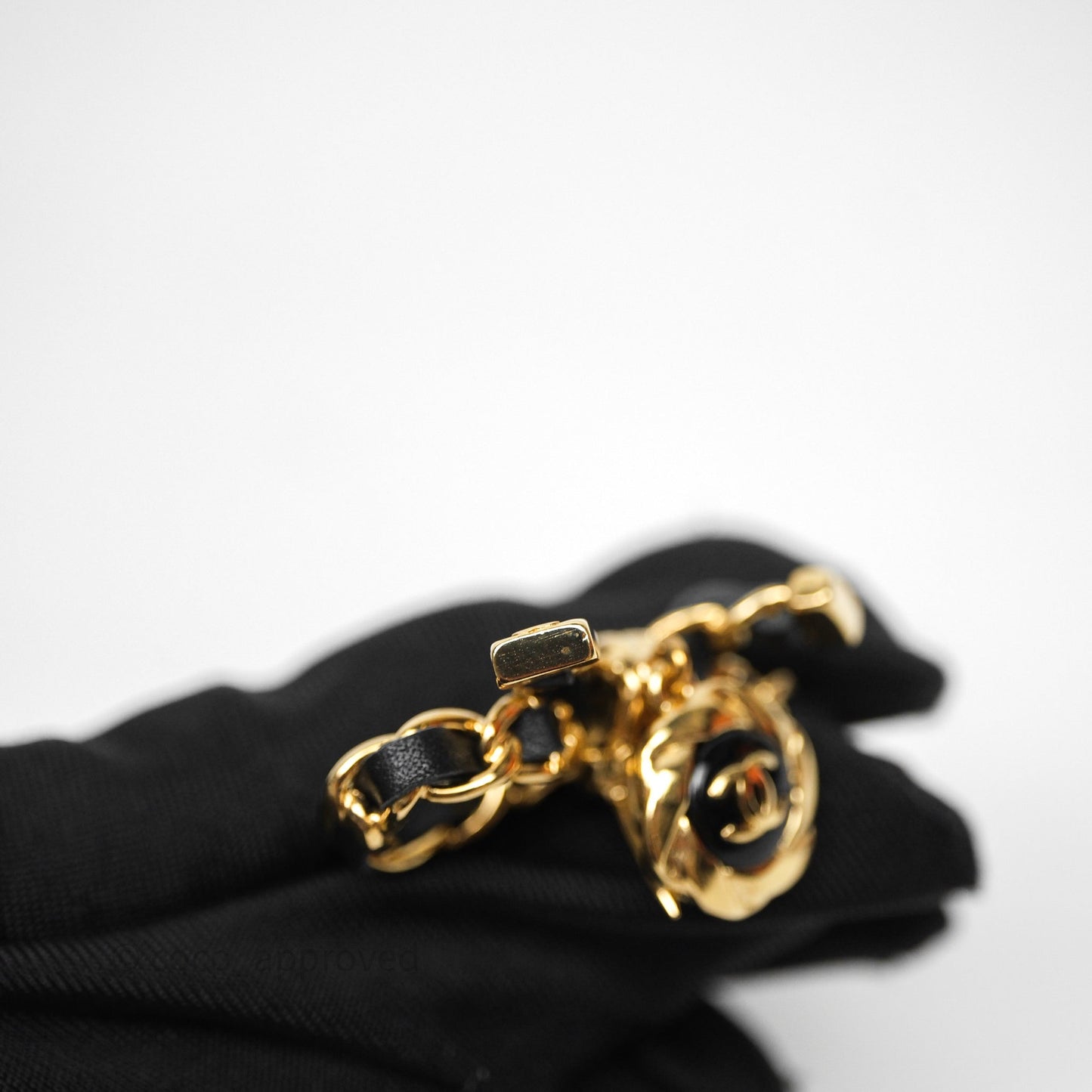 Chanel Lambskin Chain Bow Brooch Black Gold Tone 22A