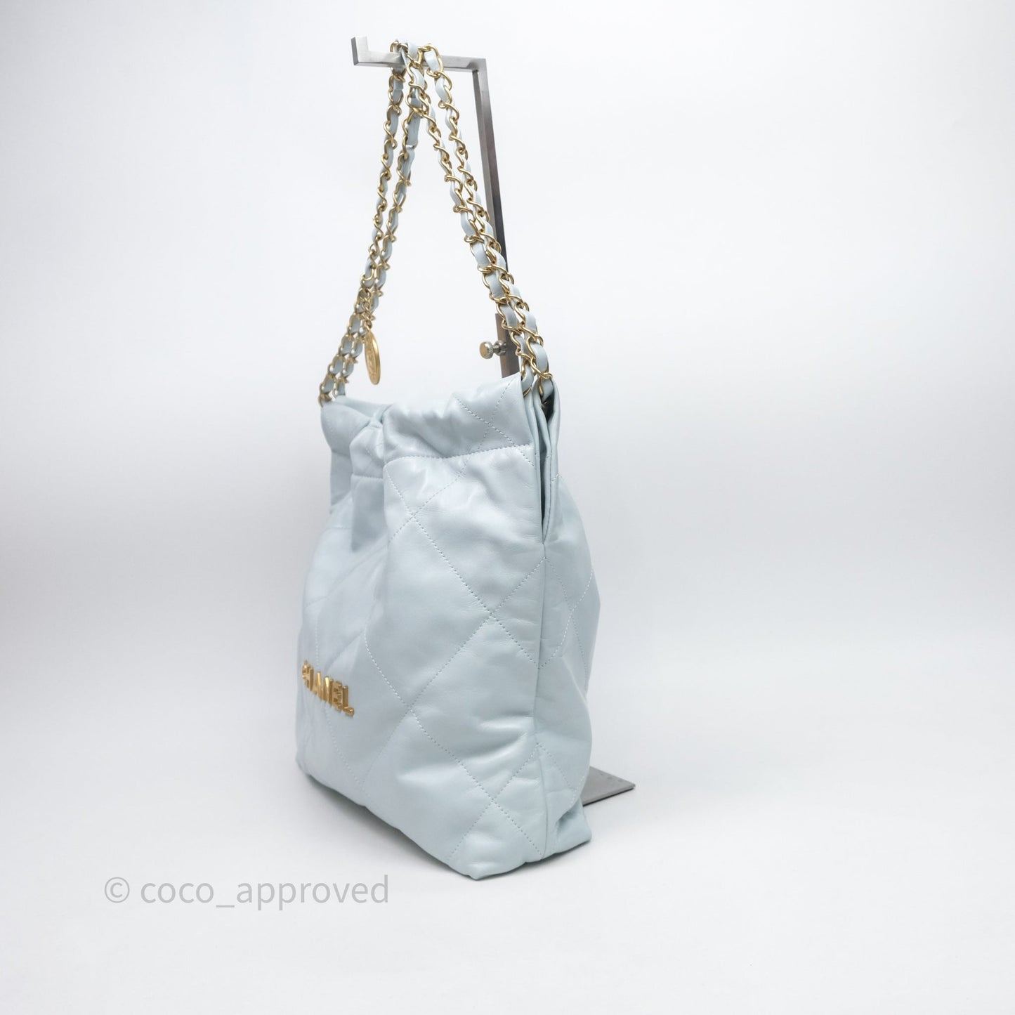 Chanel 22 Small Light Blue Shiny Calfskin Aged Gold Hardware