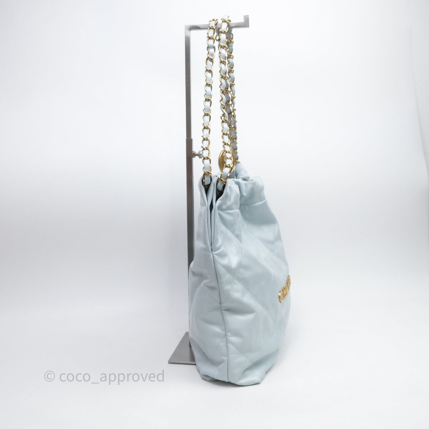 Chanel 22 Small Light Blue Shiny Calfskin Aged Gold Hardware