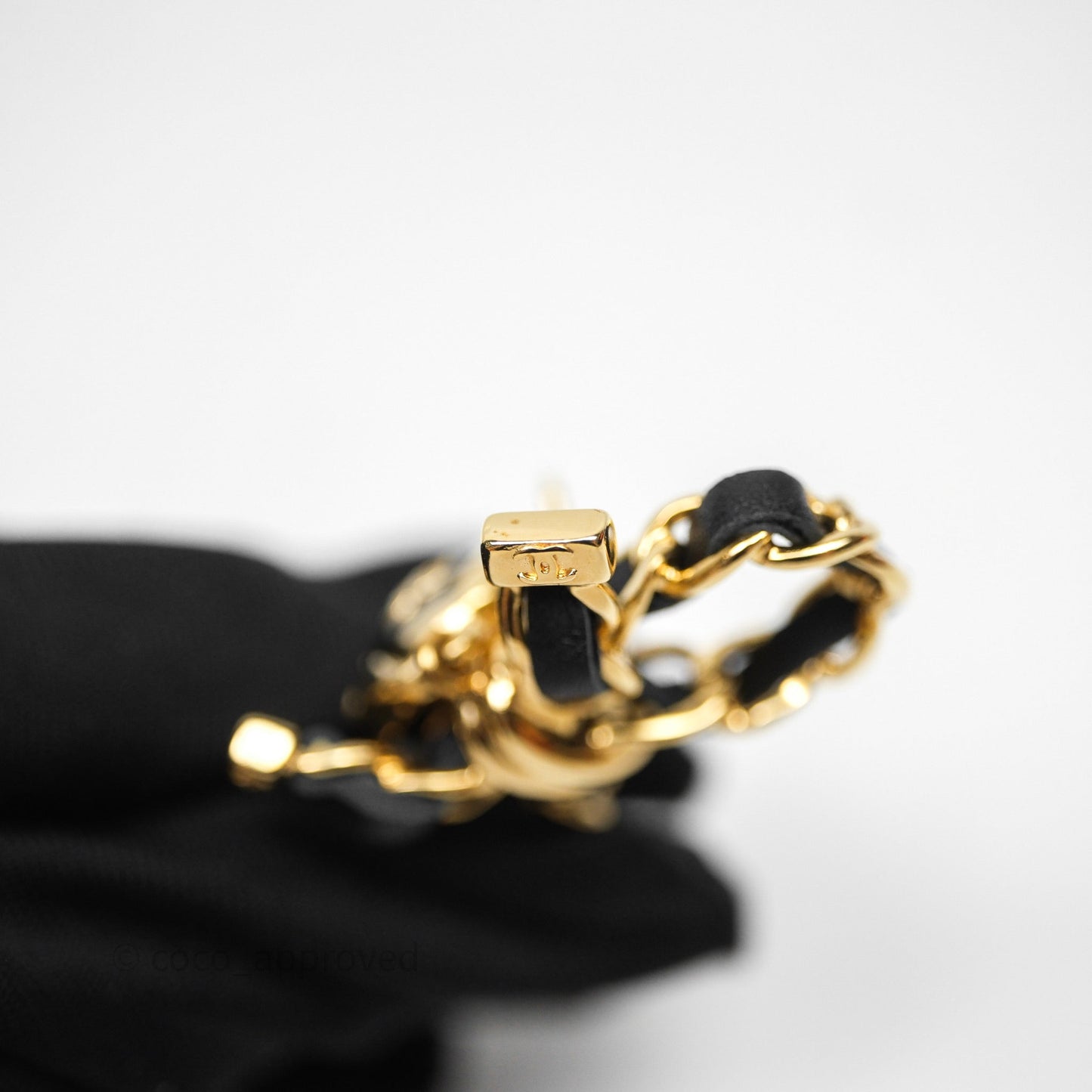 Chanel Lambskin Chain Bow Brooch Black Gold Tone 22A