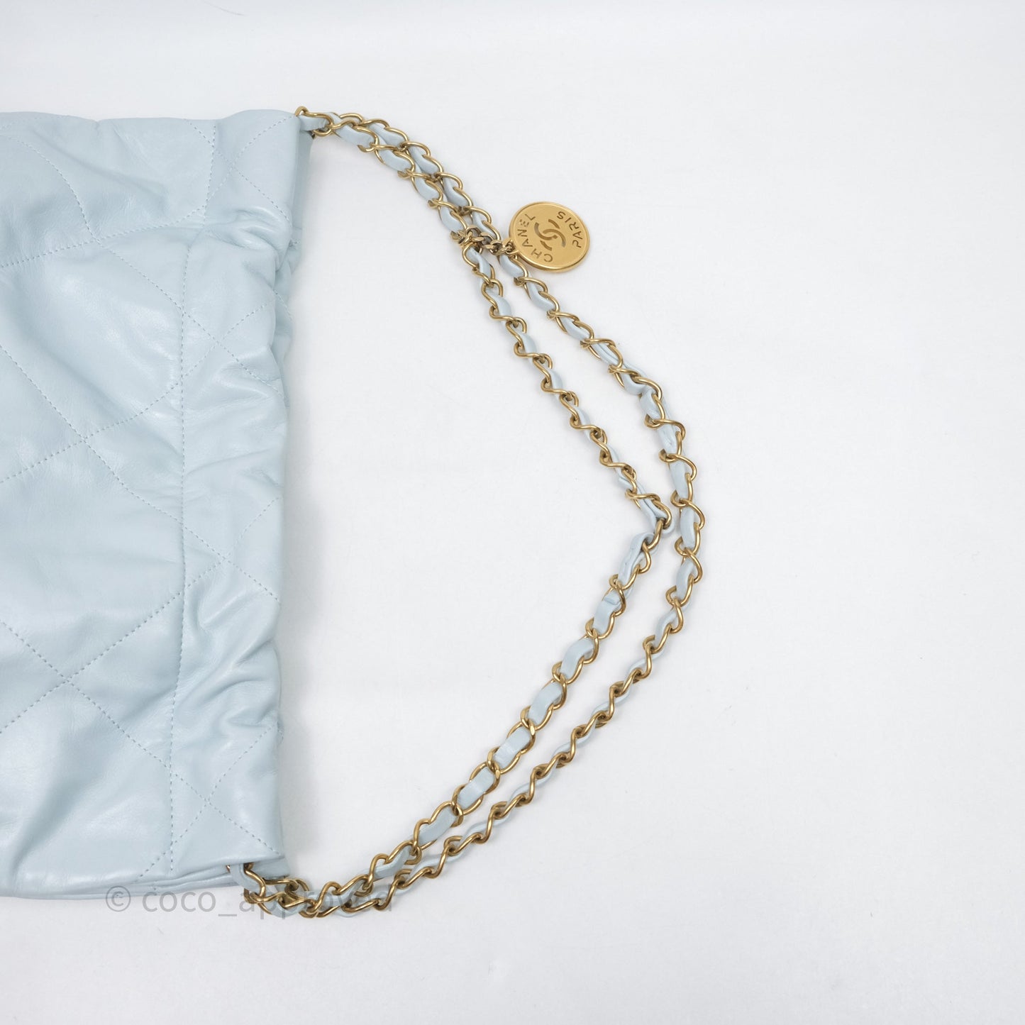 Chanel 22 Small Light Blue Shiny Calfskin Aged Gold Hardware
