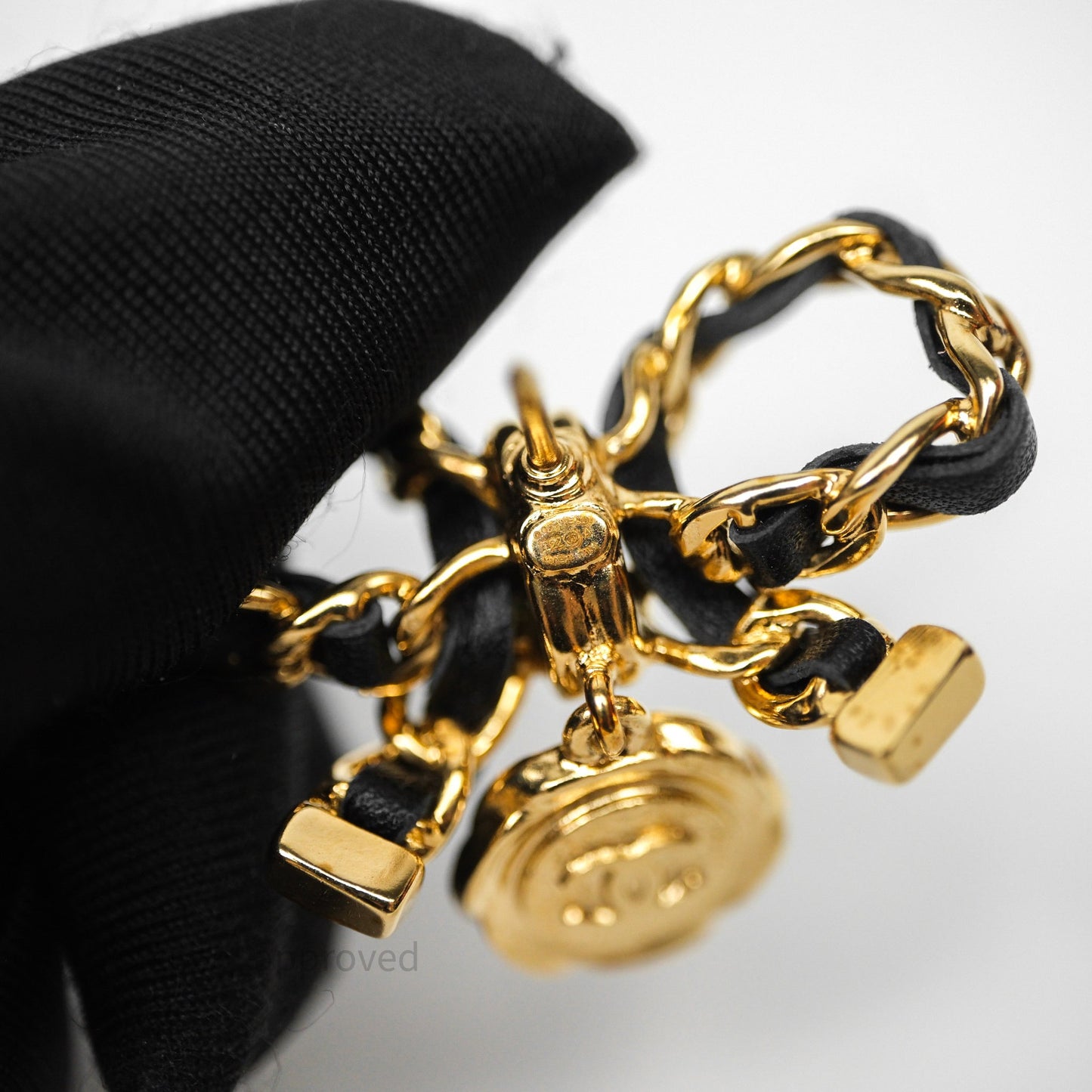 Chanel Lambskin Chain Bow Brooch Black Gold Tone 22A