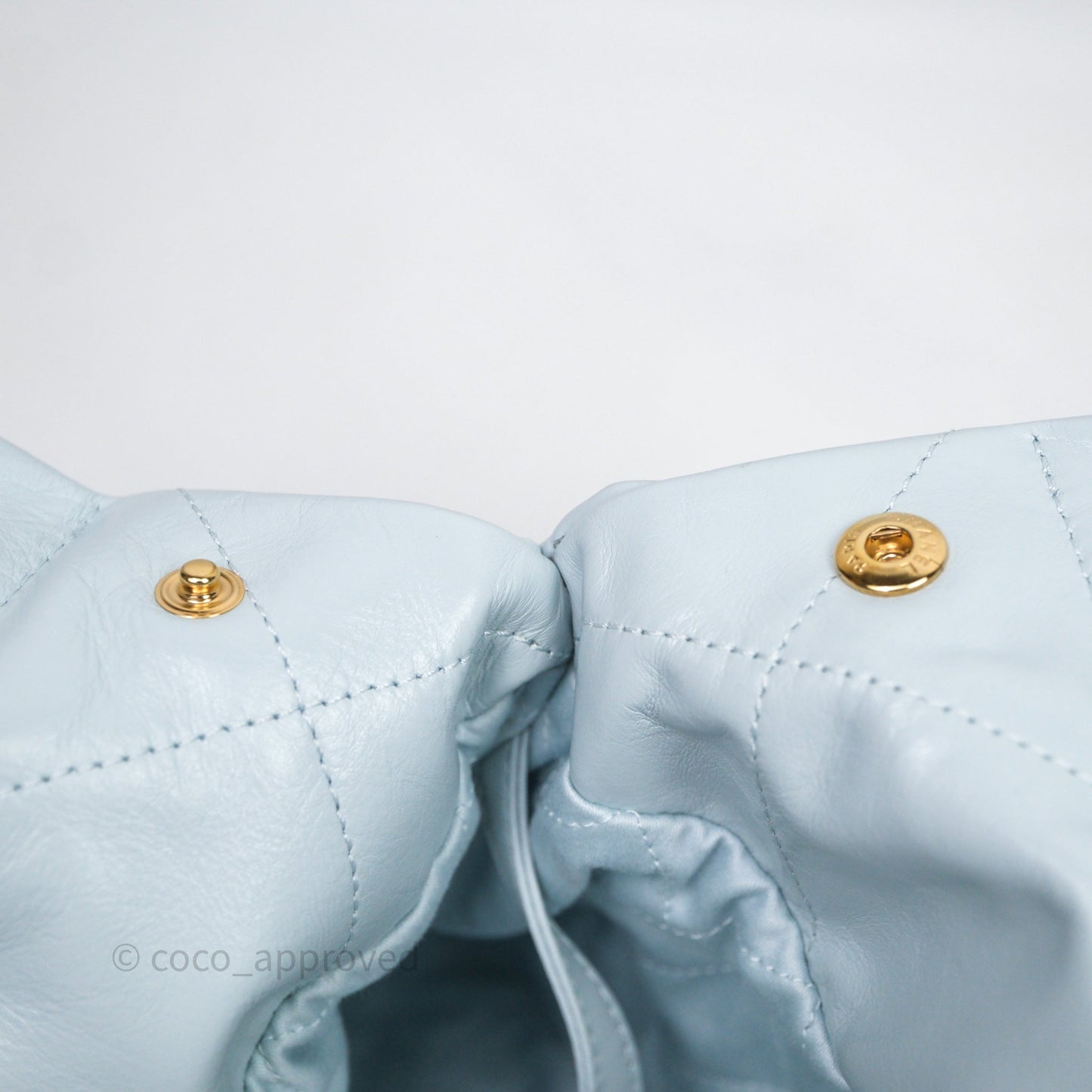 Chanel 22 Small Light Blue Shiny Calfskin Aged Gold Hardware