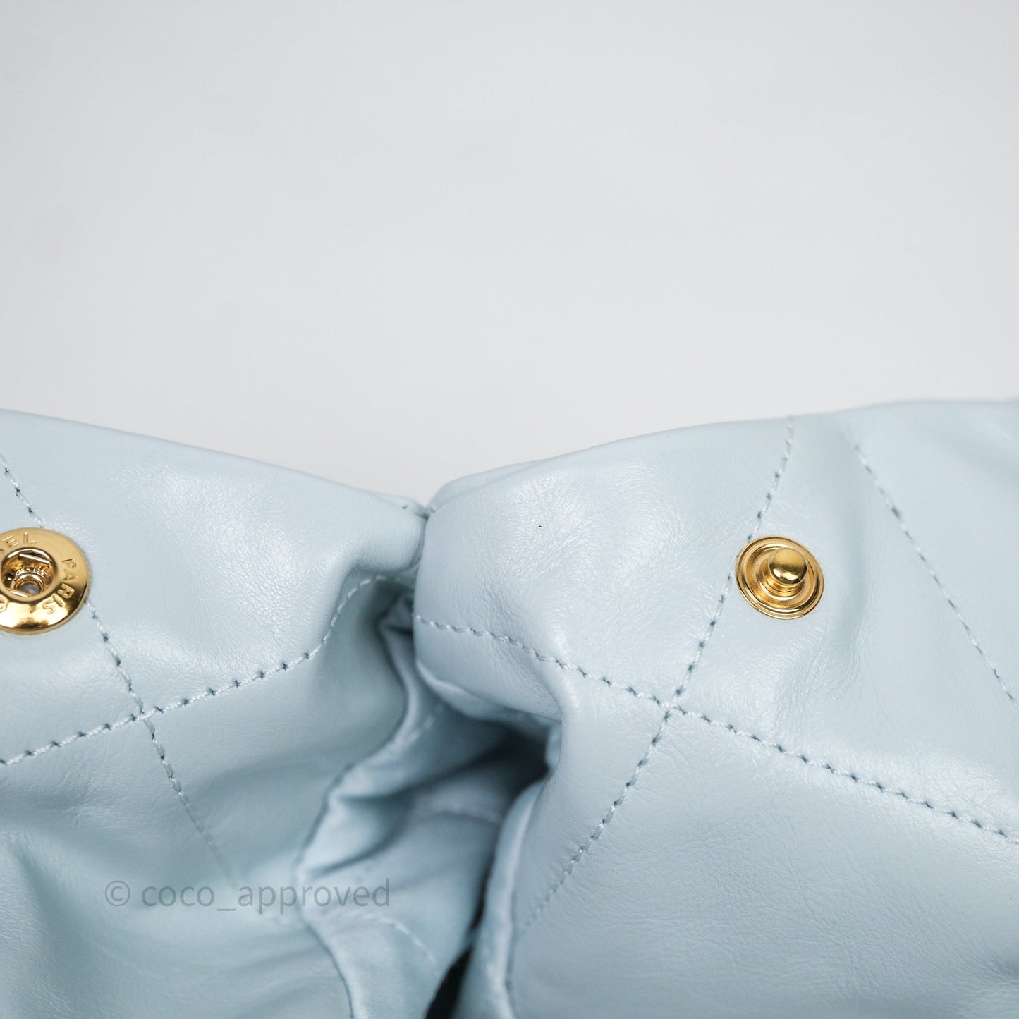 Chanel 22 Small Light Blue Shiny Calfskin Aged Gold Hardware