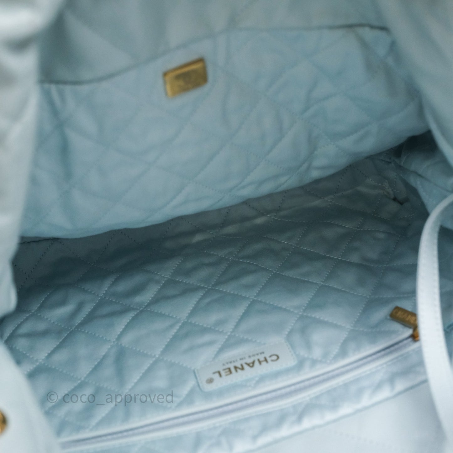 Chanel 22 Small Light Blue Shiny Calfskin Aged Gold Hardware
