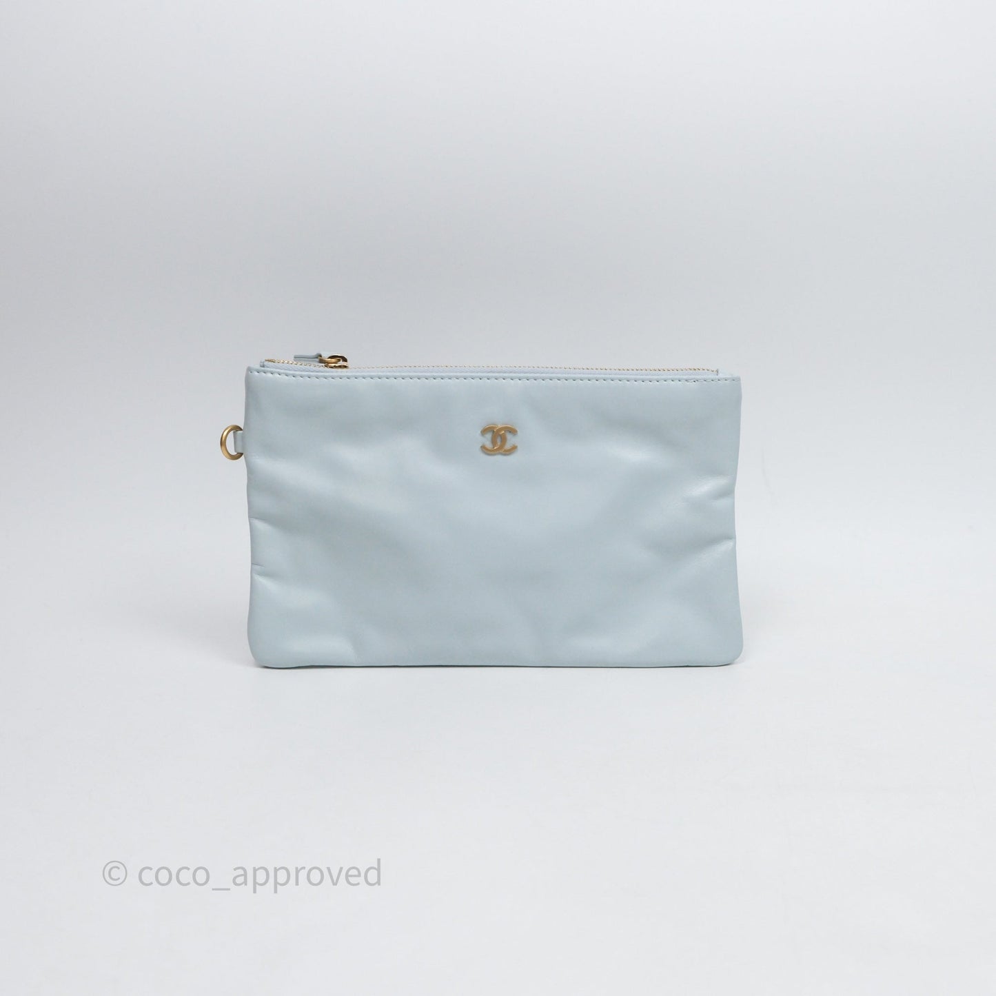 Chanel 22 Small Light Blue Shiny Calfskin Aged Gold Hardware