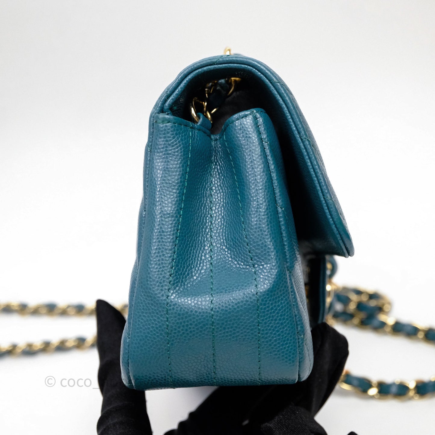Chanel Mini Rectangular Chevron Caviar Flap Bag Green Gold Hardware
