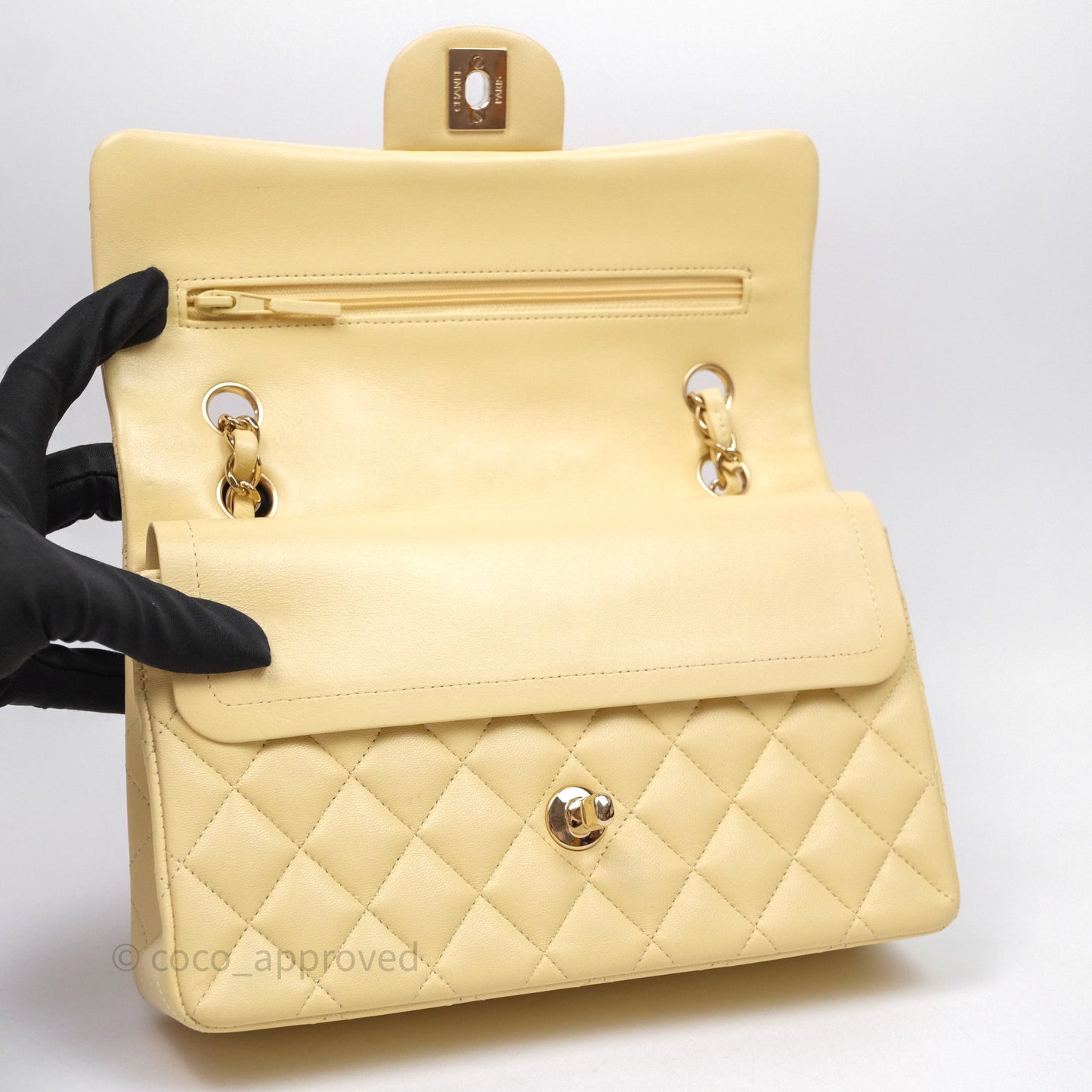 Chanel Small Classic Flap Quilted Yellow Lambskin Gold Hardware