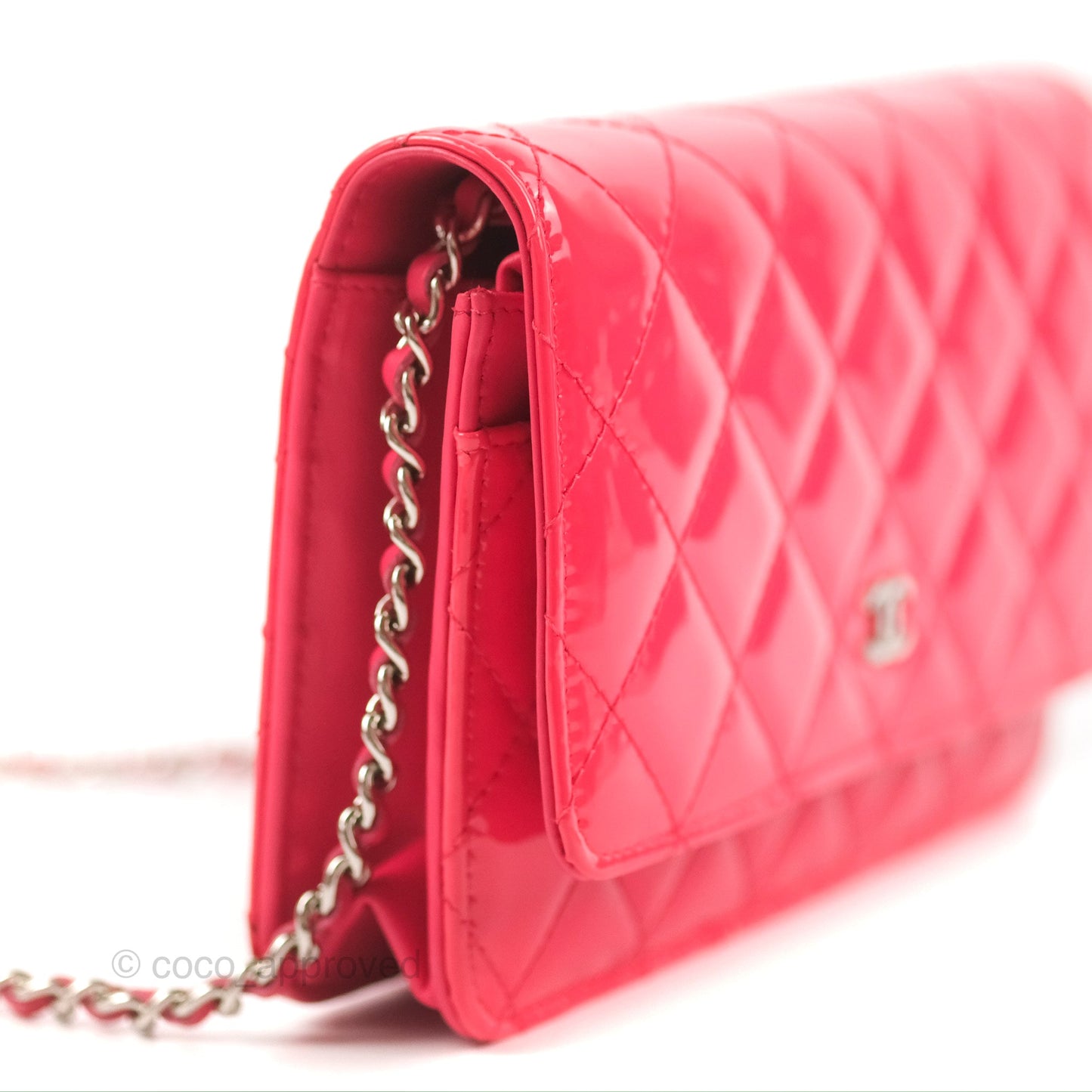 Chanel Quilted Classic Wallet on Chain WOC Pink Patent Silver Hardware