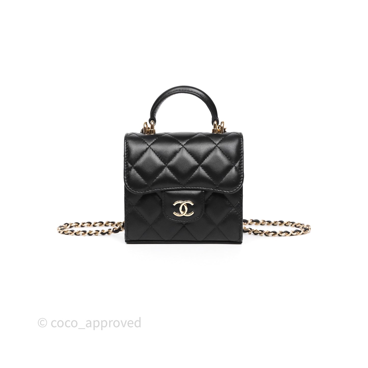 Chanel Mini Handle Clutch With Chain Black Lambskin Gold Hardware