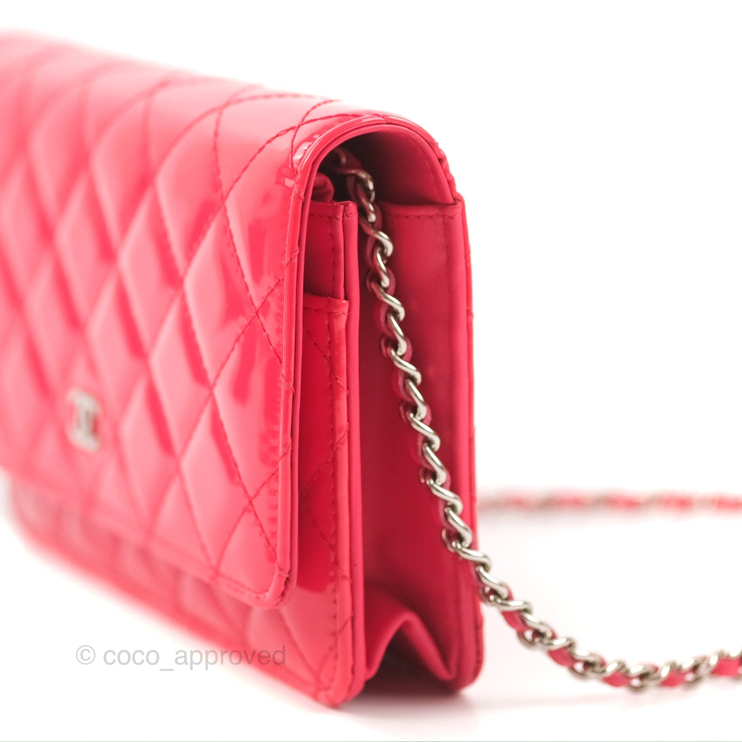 Chanel Quilted Classic Wallet on Chain WOC Pink Patent Silver Hardware