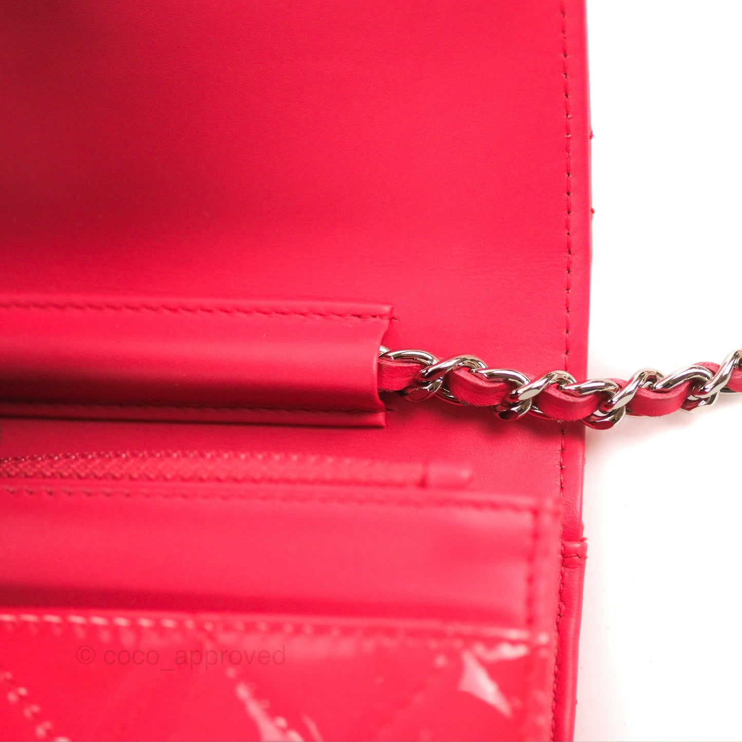 Chanel Quilted Classic Wallet on Chain WOC Pink Patent Silver Hardware
