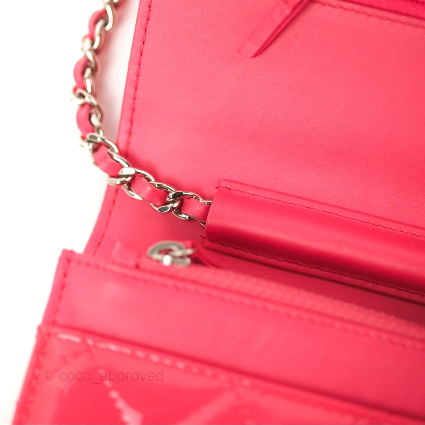 Chanel Quilted Classic Wallet on Chain WOC Pink Patent Silver Hardware