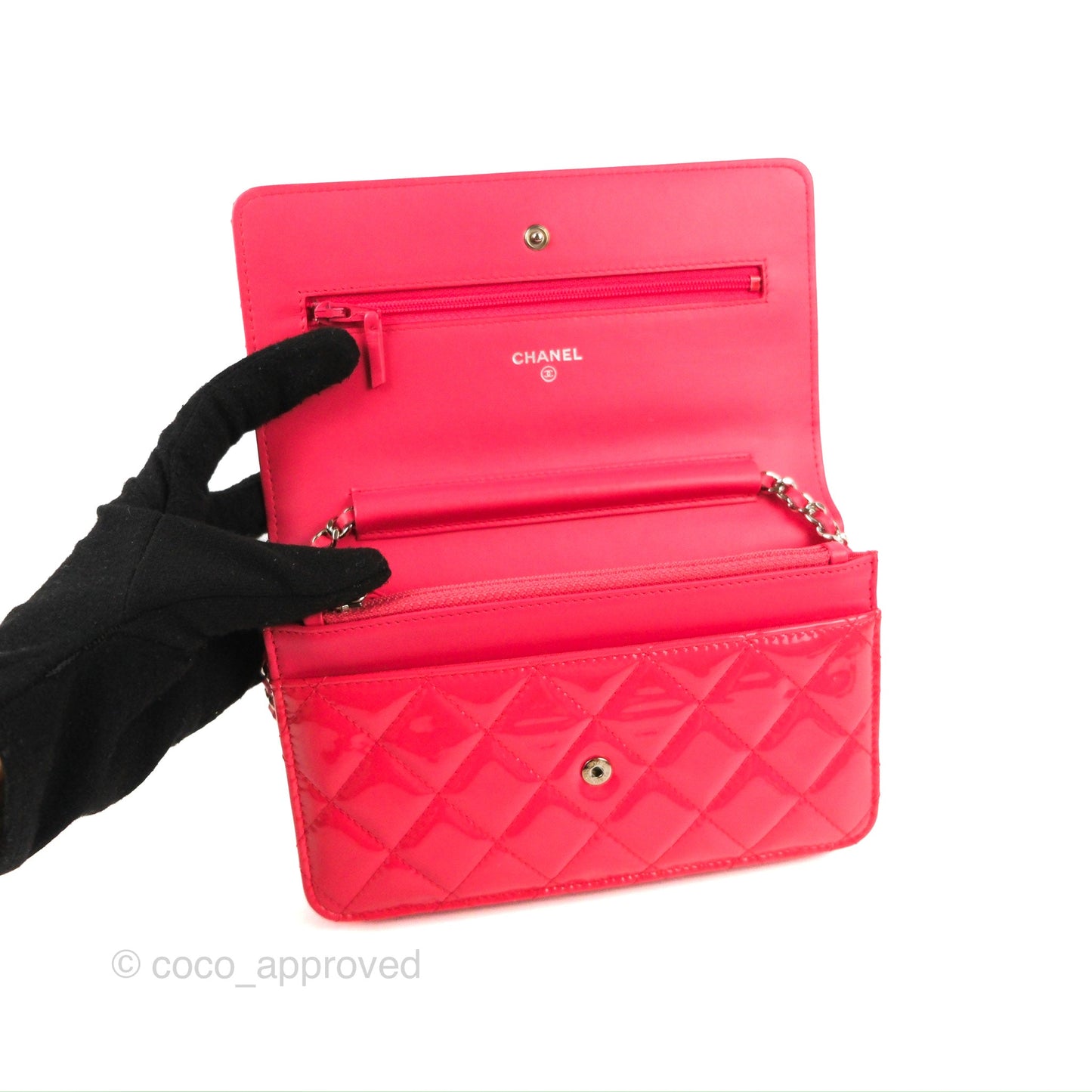 Chanel Quilted Classic Wallet on Chain WOC Pink Patent Silver Hardware