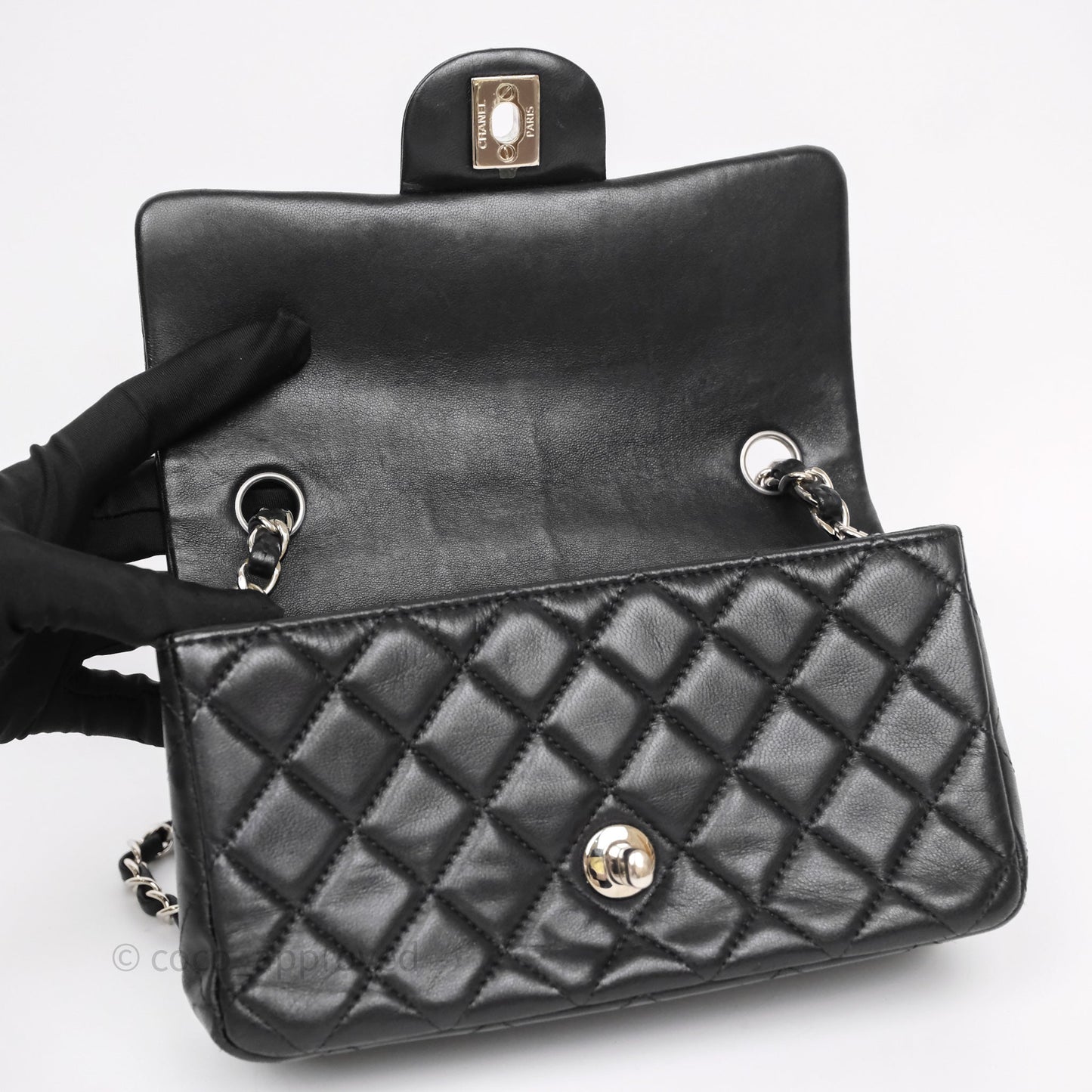 Chanel Quilted Mini Rectangular Flap Black Lambskin Silver Hardware