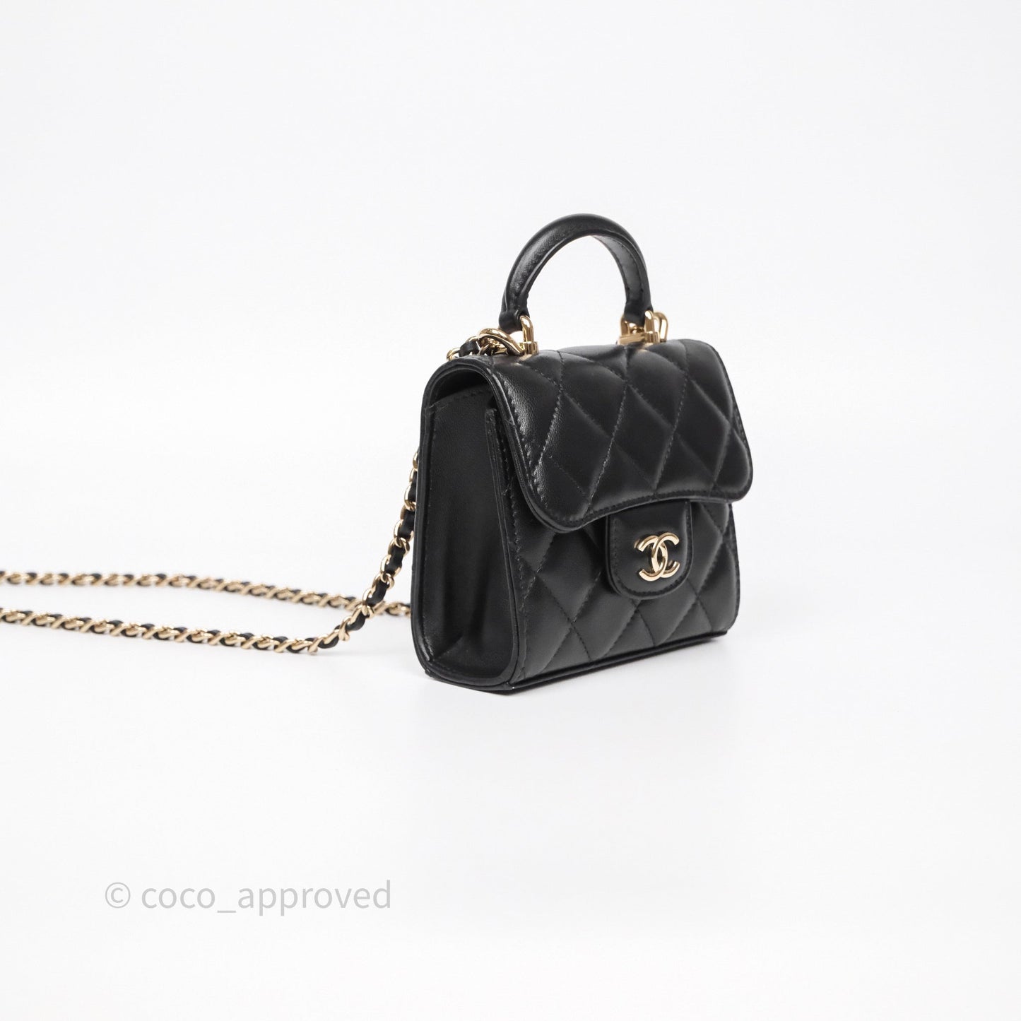 Chanel Mini Handle Clutch With Chain Black Lambskin Gold Hardware