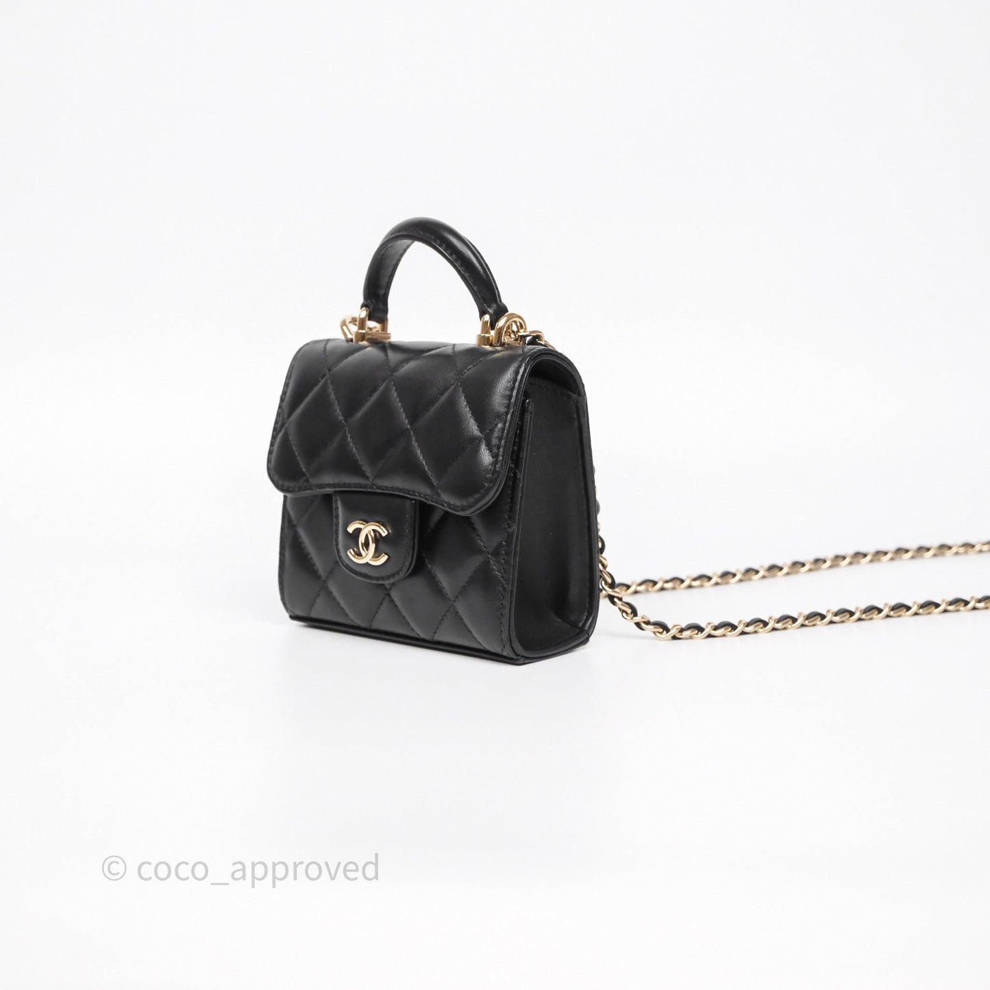 Chanel Mini Handle Clutch With Chain Black Lambskin Gold Hardware