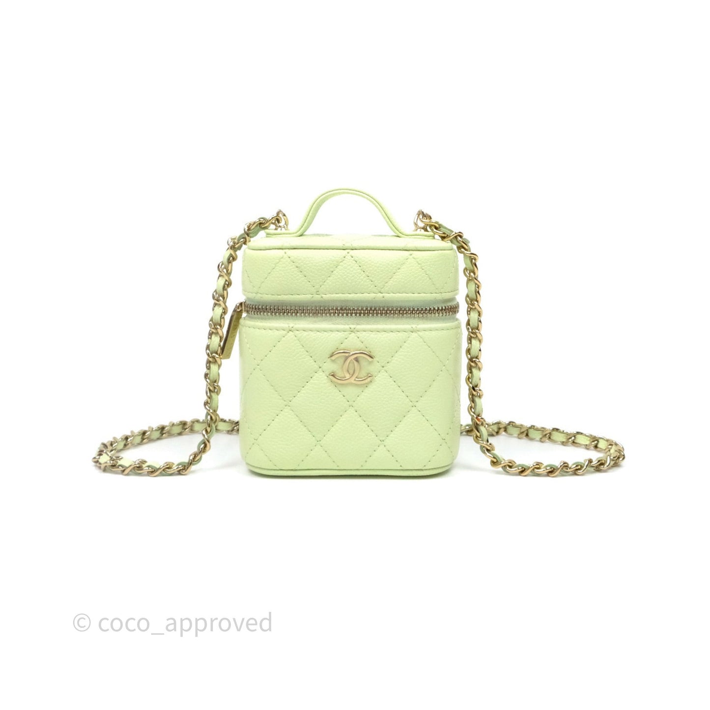 Chanel Quilted Mini Handle With Care Vanity Case With Chain Green Caviar Gold Hardware
